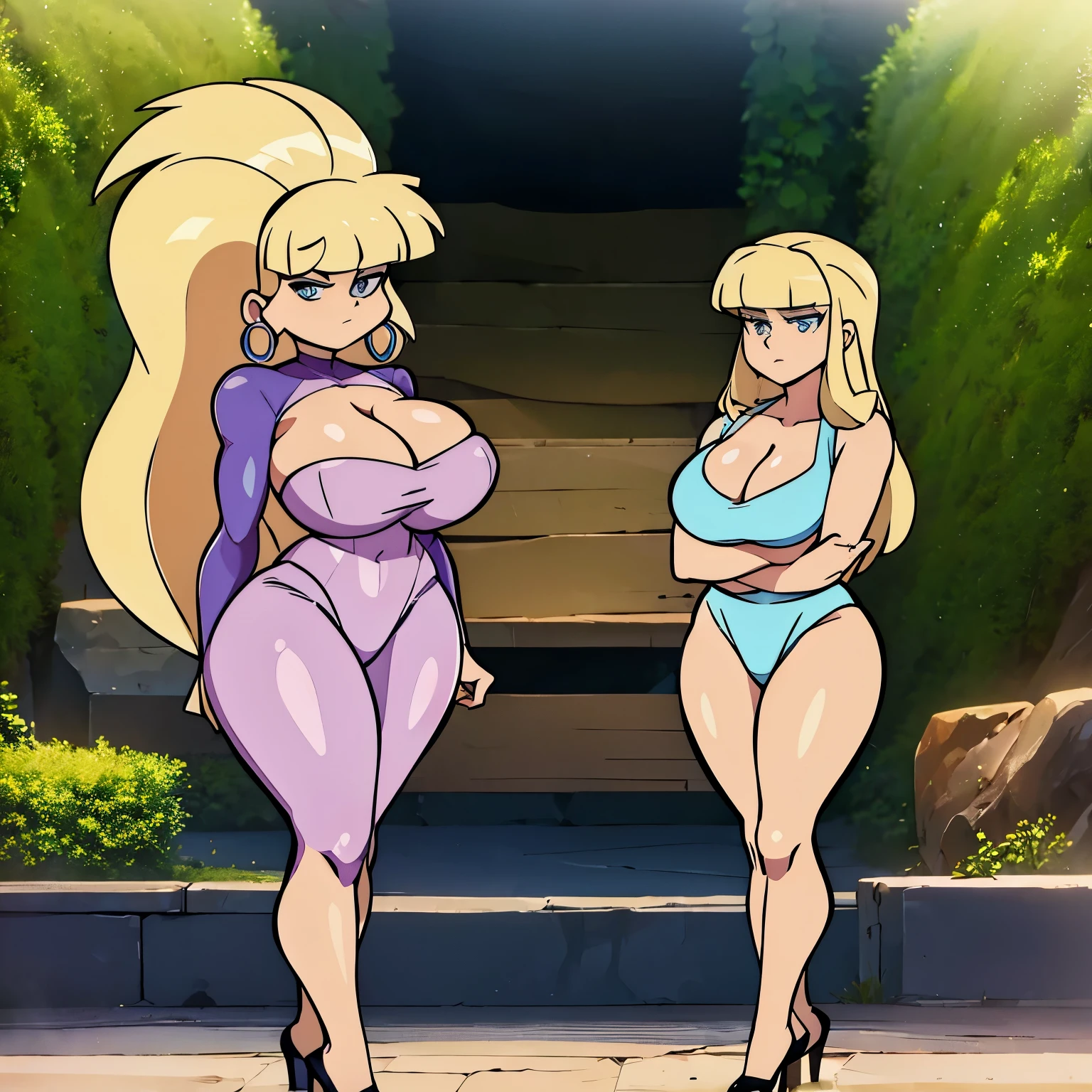 Pacifica, Massive Breasts, ((standing straight)), Blonde hair, ((Cleavage)), (perfect arms), Massive Cleavage, ((blue eyes))
