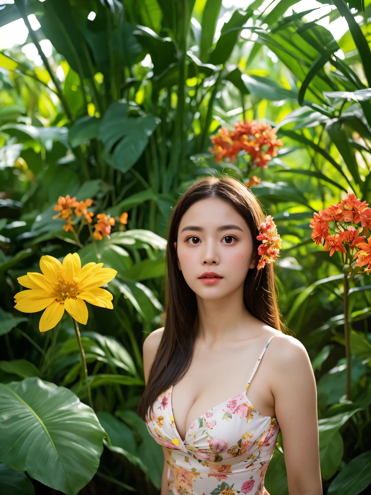 Woman, flower Dress, look at viewer, oval face shape posing for a picture, cleavage, sexy body, Jungle, (Rim Light:1.2), (flowers mess in background:1.4)