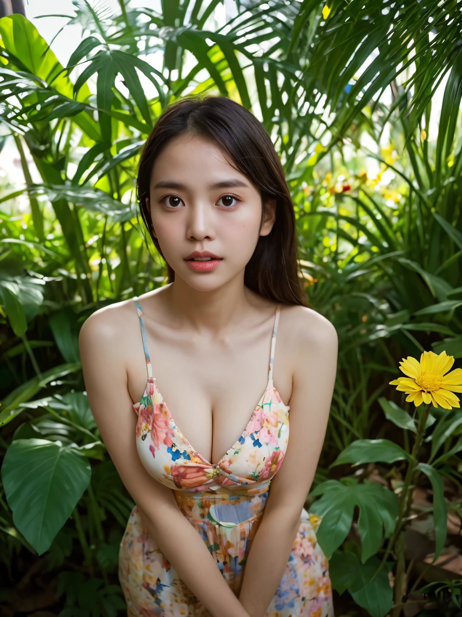 Woman, flower Dress, look at viewer, oval face shape posing for a picture, cleavage, sexy body, Jungle, (Rim Light:1.2), (flowers mess in background:1.4)