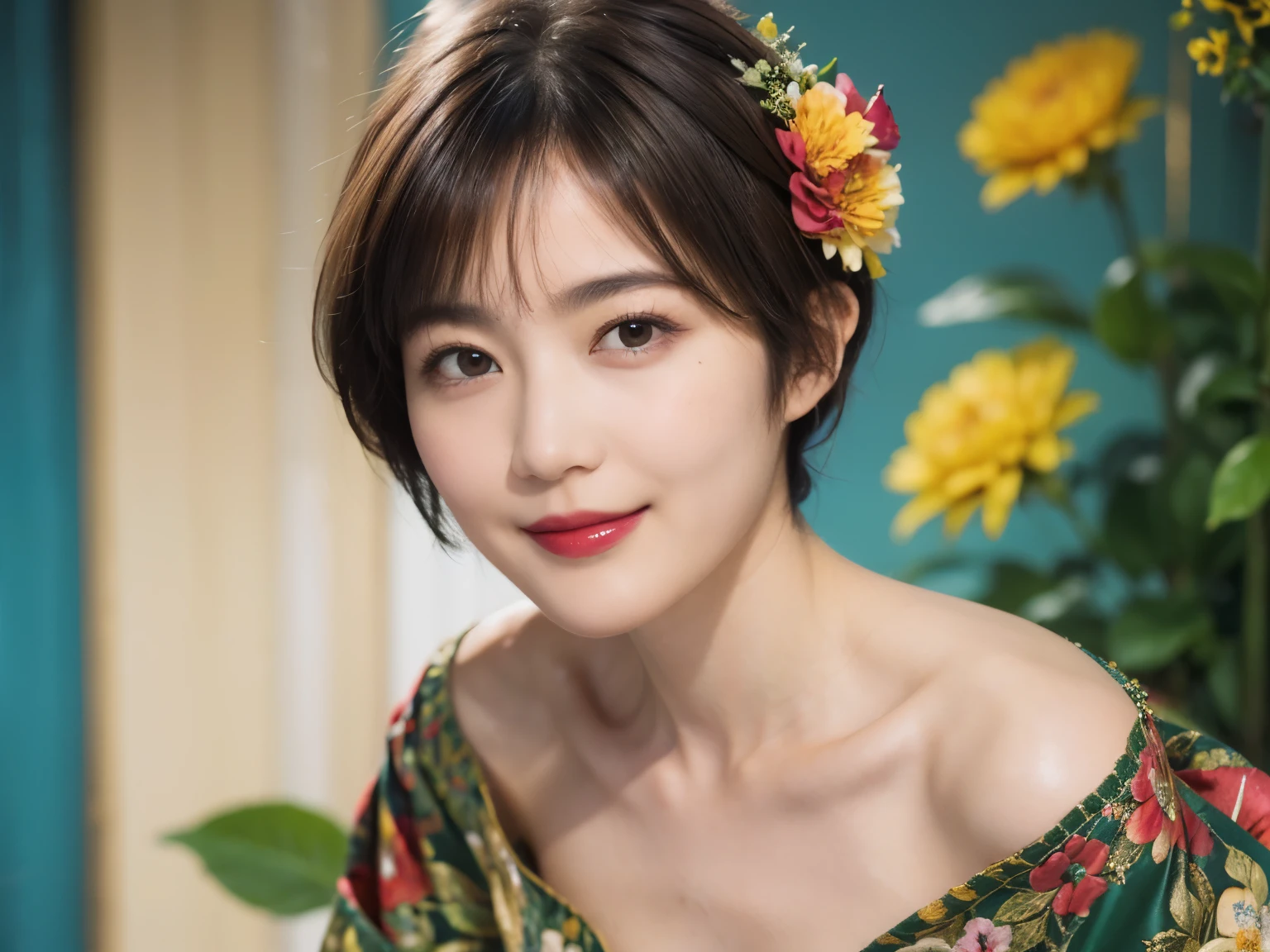 148
(20 year old woman,Floral costume), (surreal), (High resolution), ((beautiful hairstyle 46)), ((short hair:1.46)), (gentle smile), (breasted:1.1), (lipstick)
