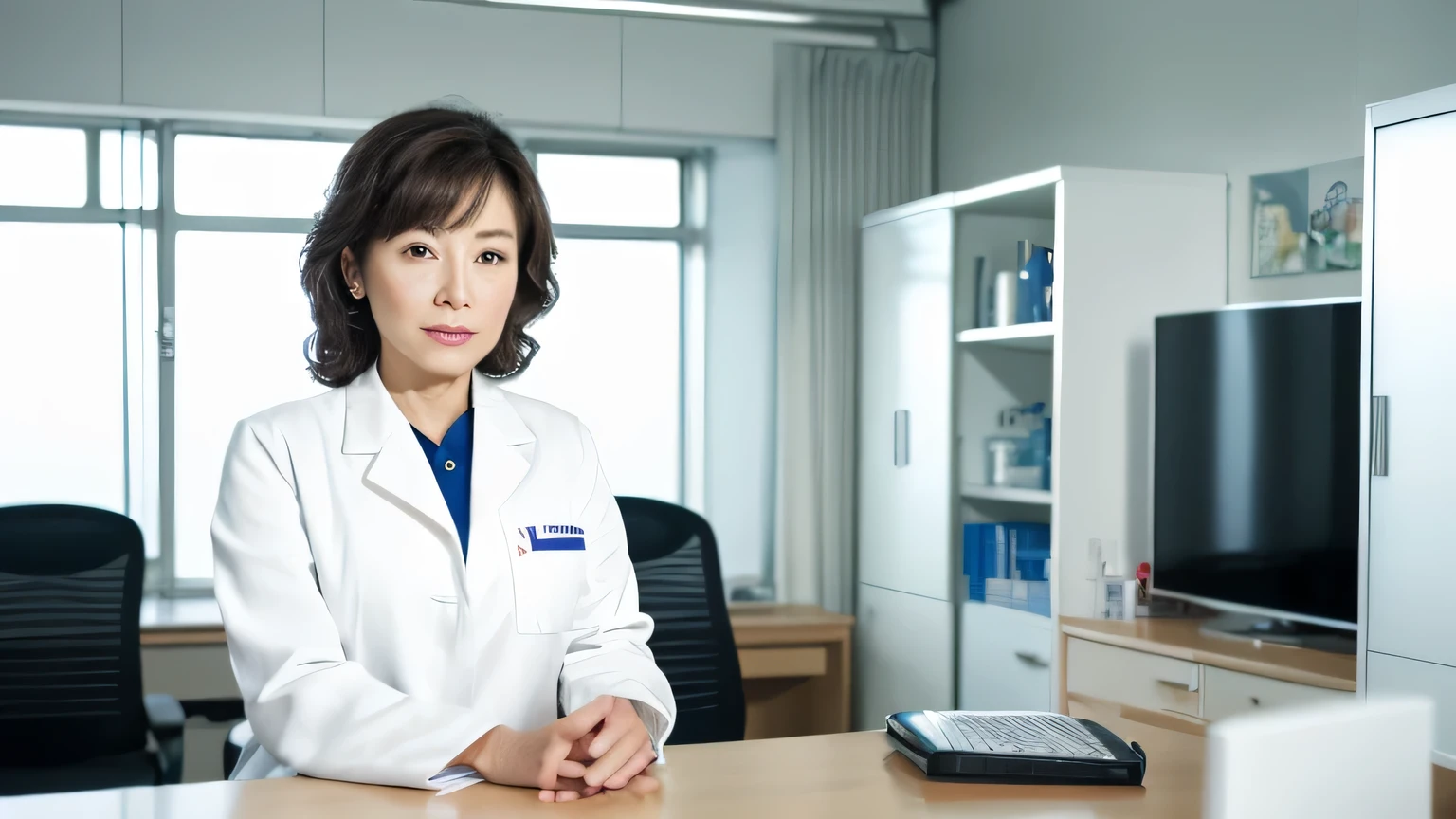 8K,(RAW photo),(highest quality),( (masterpiece:1.5)),(Super detailed),(ultra high resolution,),( (realistic, photo realistic:1.5)),(very detailed, 8k wallpaper),(very detailed japanese woman in her 50s),,(very detailed face, very),(look at the camera),(Take a full body photo),(fine eyes, very detailed skin),(very detailed fingers),(very detailed nose),(beauty clinic nurse),(sitting at a white office desk),(serious expression),(Wearing a doctor's lab coat),(The background is a clean and tidy examination room with white walls in a hospital..)