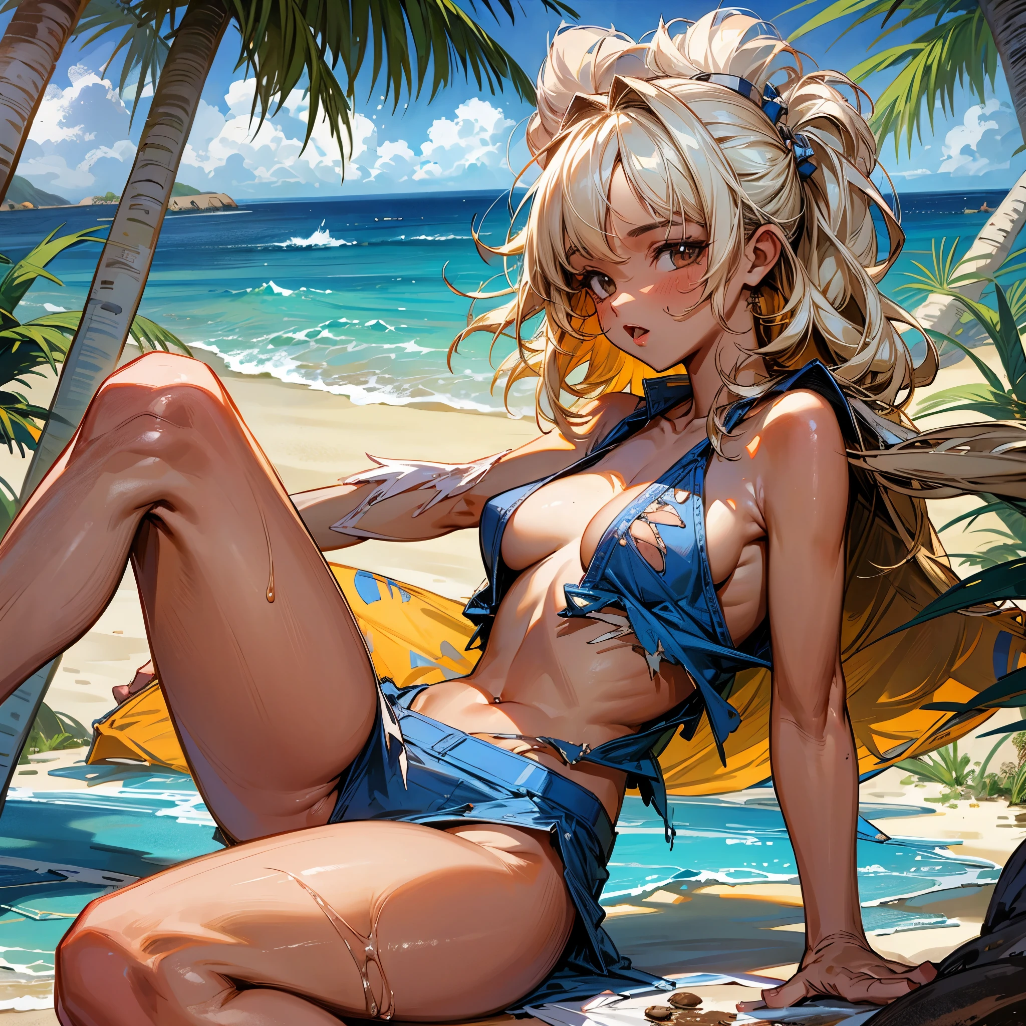 best quality, masterpiece, highres, 1girl, marooned on a tiny tropical island, torn clothes, disheveled hair, old clothes, tanned skin, single palm tree, coconuts, renatadaninsky, sfw