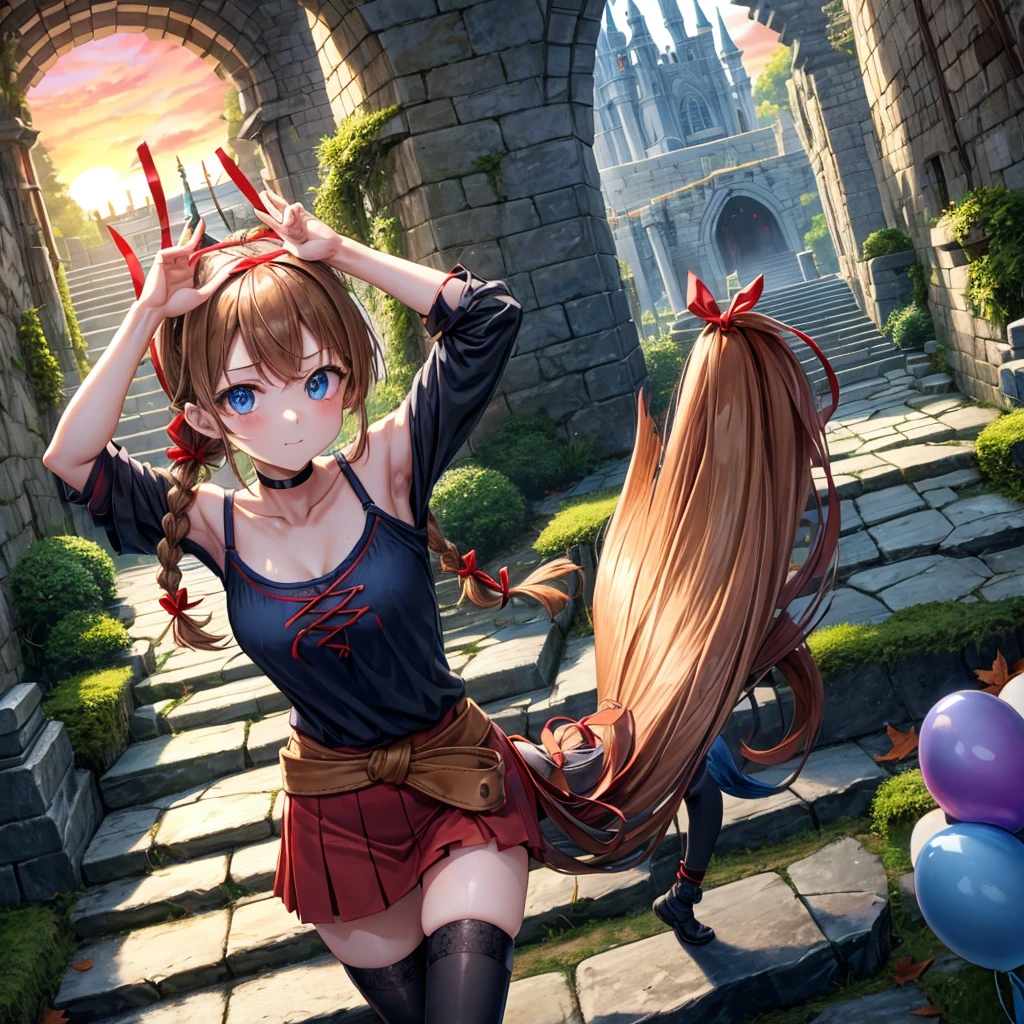 reddish-brown blonde、blue hair、blue eyes、ponytail、Braid、one good looking girl、solo、anime、lattice柄のミニスカート、camisole、black t-shirt、Tilting your face、Doing the ribbon、Ribbon at waist、sunset sky、stone stairs、tunnel、Fallen leaves、Wearing sunglasses、Burning、Light and shadow、maze、balloon、monster castle、lanthanum、corridor、Black socks、mossy stone、One leg is raised、lattice