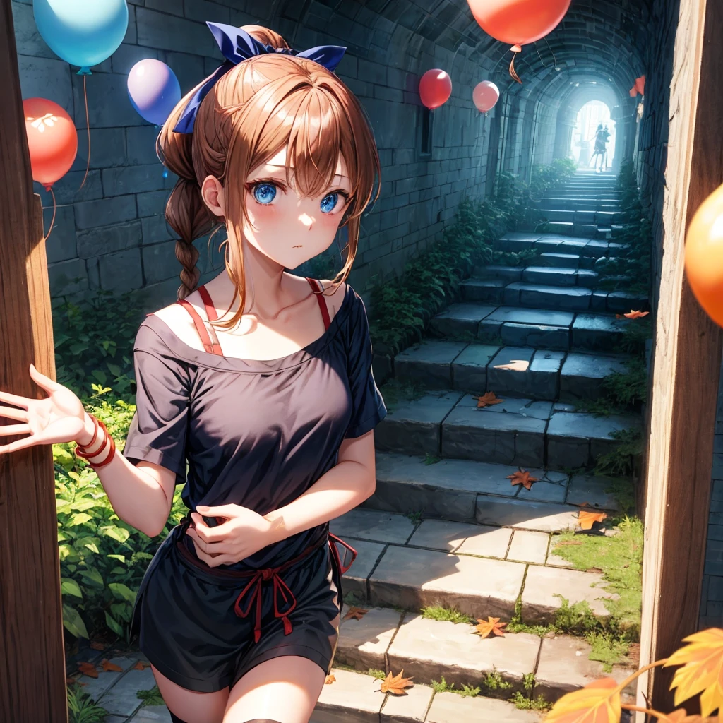 reddish-brown blonde、blue hair、blue eyes、ponytail、Braid、one good looking girl、solo、anime、lattice柄のミニスカート、camisole、black t-shirt、Tilting your face、Doing the ribbon、Ribbon at waist、sunset sky、stone stairs、tunnel、Fallen leaves、Wearing sunglasses、Burning、Light and shadow、maze、balloon、monster castle、lanthanum、corridor、Black socks、mossy stone、One leg is raised、lattice