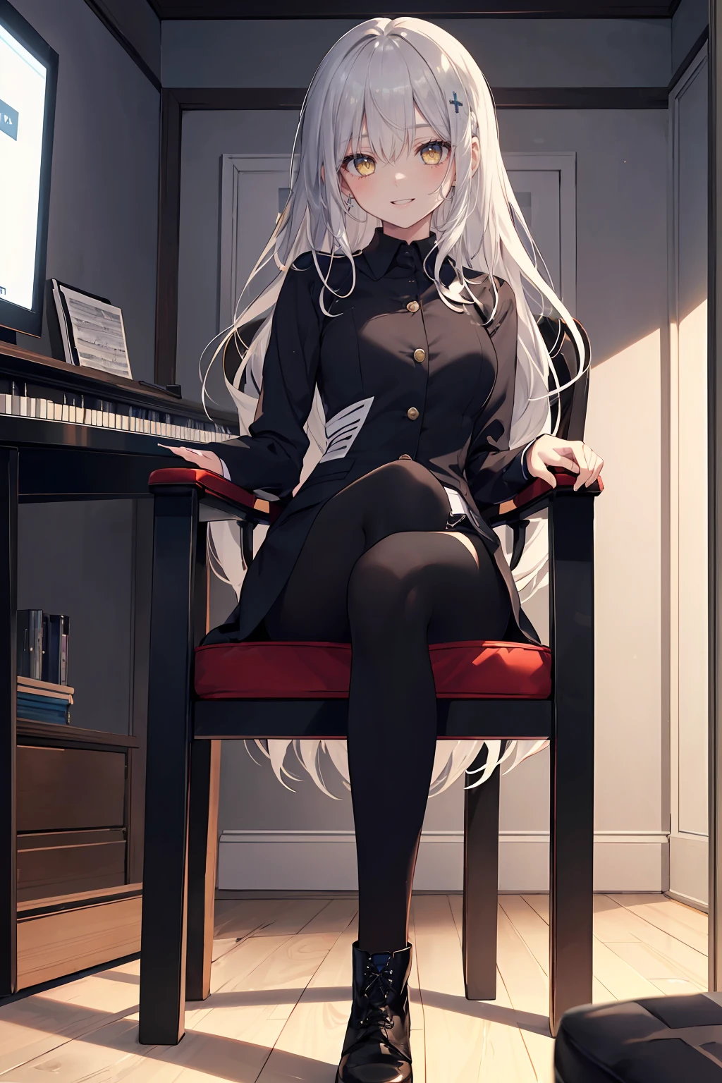 ((8Kmasterpiece,highest quality)), ultra high resolution, (masterpiece: 1.4), hyper detail, (((1 girl))),beautiful and delicate eyes,(yellow eyes),Big eyes,shining eyes of light,Thin and long eyelashes,detailed light,beautiful face,((silver hair)),((long hair)),(white suit),Black high-cut boots,black tights,DTM,PC,(Composing music),keyboard,(guitar),(Gaming Room),sitting cross-legged on a gaming chair,fearless smile,(please open your mouth wide),looking at the viewer, slender body,very big