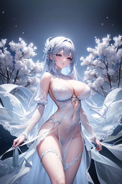 (Paradise in Heaven), White lighting,(muste piece), (best quality), (cinematic), 8K, (art station),(長いwhite hairとSilvery eyesを持つ1人の女), (beautiful delicate face)、[Frozen trees々], [landscape crystal], [lighting], [Ethereal Atmosphere:1.1], [fantasy, short story] ,[soft なlighting] 、(+cinematic shot:1.2)、 [+art station] 、[+luminous white background] 、 [soft glow] 、(Creative and dynamic angles:1.3), [+Crystal Toning] 、muste piece, very detailed, Super detailed, solo, (pale skin), Silvery eyes, white hair, (snow background), (snowflake rosen flower:1.0), (shining crystal), (Snowy ground), (White lashes), sexy woman、dreamy and detailed, Gorgeous setting, 妖しい雰囲気 muste piece, The most beautiful scenes, majestic、(((full of white flowers)))、quiet and serene atmosphere、attractive, all white tones,Inside the crystal library,Transparent flowers and falling snow，Many white roses are planted,(water flowing,waterfall,water bloom),The decoration is also carefully done.,dream（very detailedです，creative design，crisp and precise lines，K HD，best quality，master piece，超High resolution，In 4K）、Diverse poses、((beautiful white flower hair ornament))、beautiful hairstyle、(best quality, In 4K, 8K, High resolution, muste piece:1.2), Super detailed, detailed expression, graceful posture, expressive brush strokes, mysterious atmosphere, artistic interpretation,Delicate floral jewelry， (((Detailed design、Beautiful transparent dress made of thin fabric、Sheer mini dress that shows off your skin)))、(SFW:1.5), (oversized breasts, best body proportions, proportions of large breasts,:1.5)