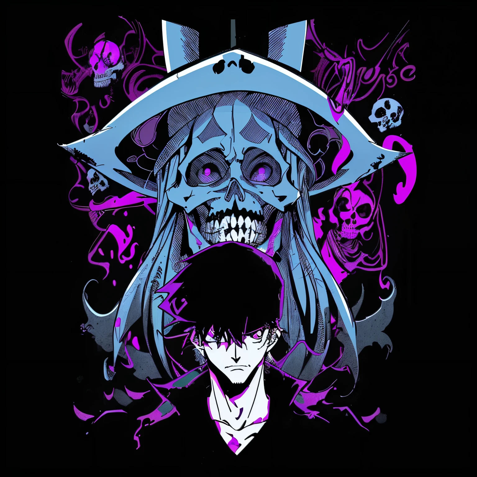 anime wallpapers with a skull and a man with a hat, epic anime style, trigger anime artstyle, arcane art style, badass anime 8 k, arcane style!!!!!, anime style 4 k, junji ito 4 k, anime graphic illustration, anime art wallpaper 8 k, in style of cytus and deemo, style of madhouse anime, skeleton head around face, aura around face, lighting around, ink splatter