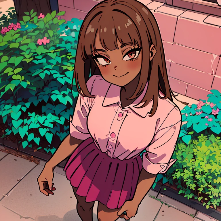 ((masterpiece)), high quality, best quality, beautiful, hd, perfect lighting, detailed face, detailed body, 1 girl, solo, full body view, wide angle, ((dark brown skin:1.4)), ((turquoise hair:1.2, pink eyes, small breasts)), cheeky smile, standing in a park, wearing a skirt and white shirt, sfw