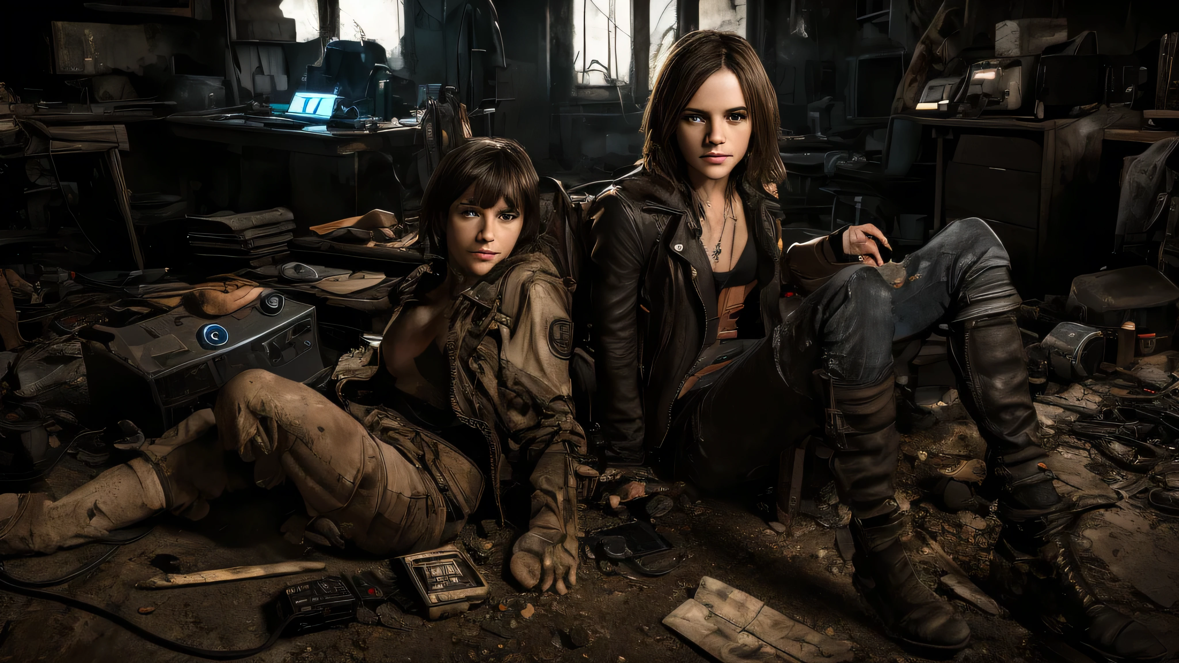 Emma Watson sits on a red-covered bed and faces the viewer in an apocalyptic wasteland setting, zerrissene dunkelgraue Lederkleidung, offenes Hemd, detailliertes Gesicht, Dreamy look, smiling slightly, Beine gespreizt, sehr kurze dunkle getragene Socken, Elektronische Laborwerkzeuge auf einer Werkbank und herumliegende Computerteile, Screens show dark user interfaces, LEDs on several devices illuminate the room and indicate activity