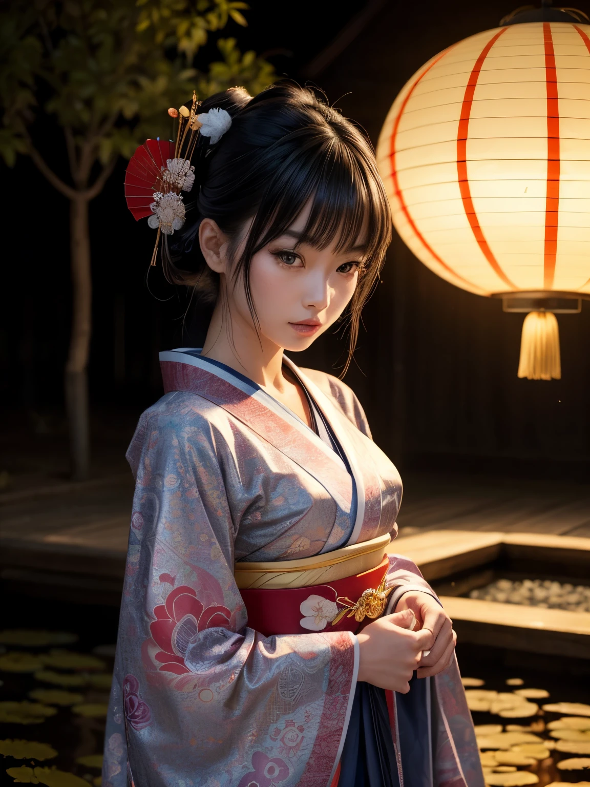 (best quality,4k,8k,highres,masterpiece:1.2),ultra-detailed,(realistic,photorealistic,photo-realistic:1.37),beautiful detailed eyes,beautiful detailed lips,extremely detailed eyes and face,longeyelashes,traditional Japanese garden,waist-length black hair,graceful posture,kimono dress with vibrant colors,subtle but striking makeup,geisha with modern twist,new interpretation of wabori tattoos on the geisha's body,vibrant and intricate designs with bold colors,geometric patterns merging with traditional motifs,sakura blossoms delicately placed in the hair and on the kimono,faint hint of cherry blossom fragrance in the air,ethereal glow emanating from the geisha's skin,playful blend of traditional and modern accessories,geisha holding a smartphone with traditional fan and paper lantern nearby,neon lights in the background casting a modern and futuristic ambiance,geisha's eyes lit up by the glow of the smartphone screen,contrast of the geisha's traditional appearance against the urban backdrop,subtle reflection of the geisha in a small pond,connecting the past and present through art and culture,meticulous attention to every detail to create a captivating and immersive scene.