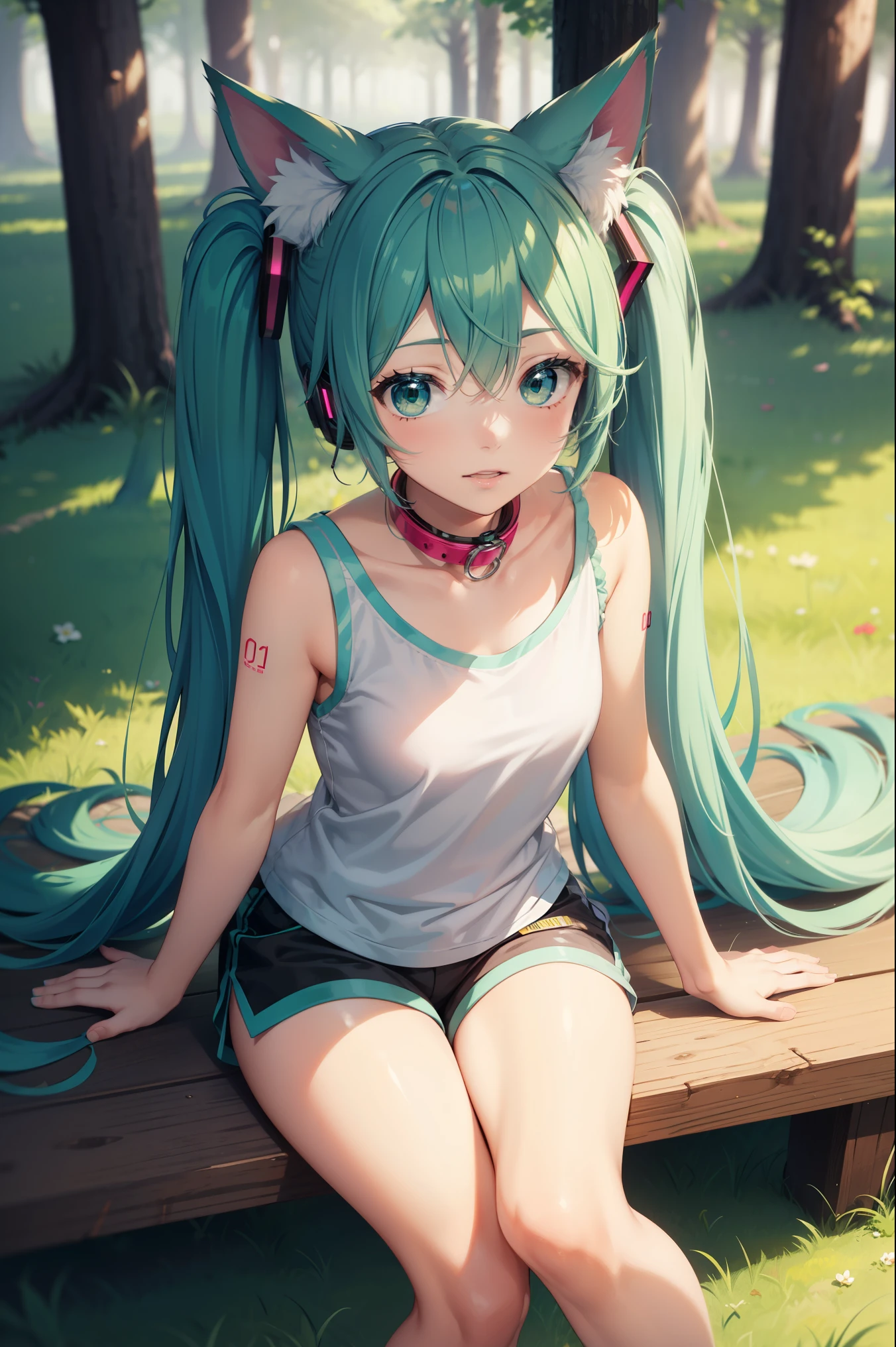 Hatsune Miku, fox ears, fox tail, forest, green hair, green eyes, vocaloid, girl in need, collar, white shirt, t-shirt, blue short, sleeveless, looking at viewer, sitting,