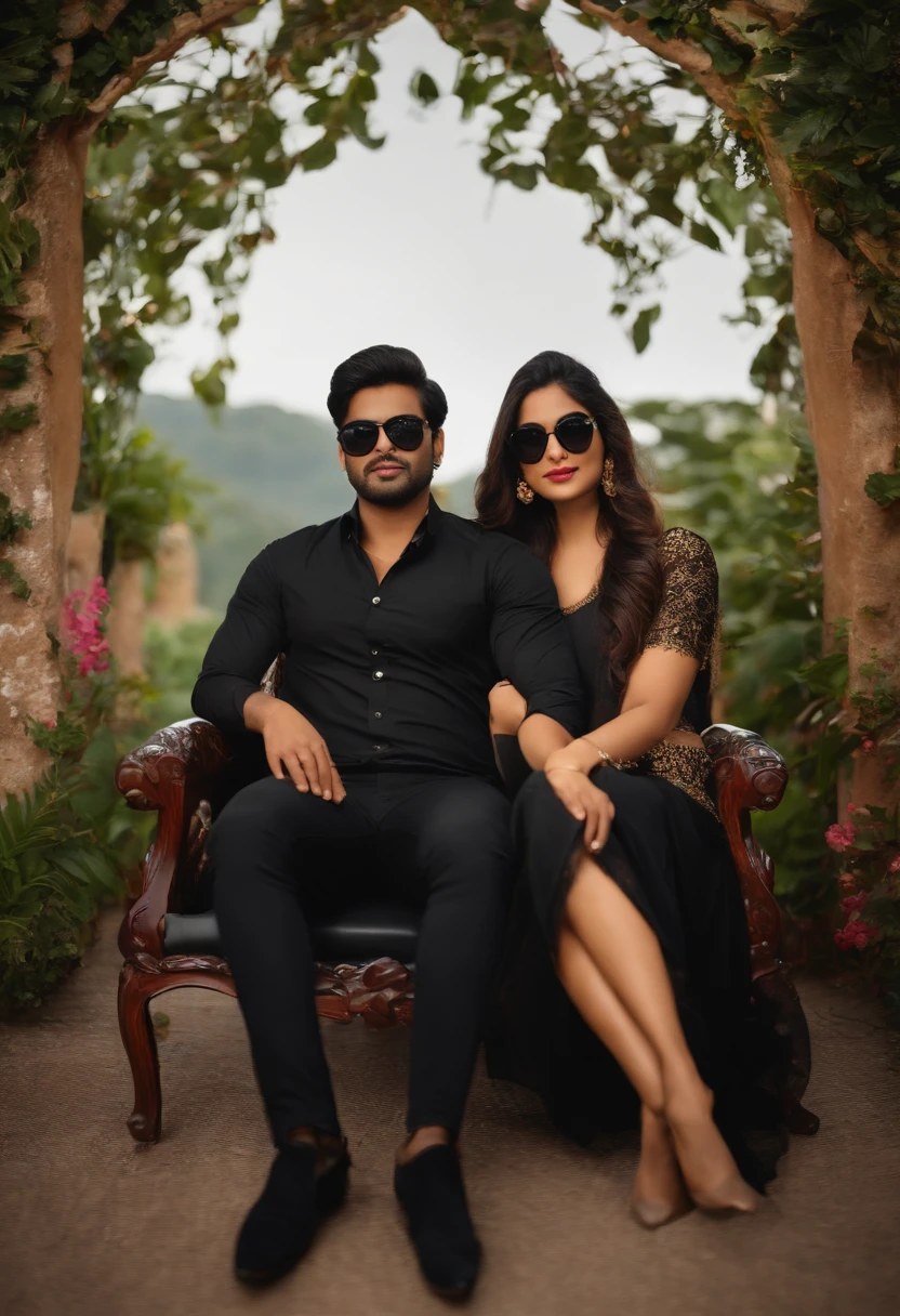 Create a 30 ilusion for a profile picture of a 22-year- old couple sitting comfortably in wings chair. The boy is wearing a black shirt pant and sunglasses. And the girl is wearing a black saree and sunglasses. He is looking cheod. "Prince " and "vini" are written in large font on the black wall in the background