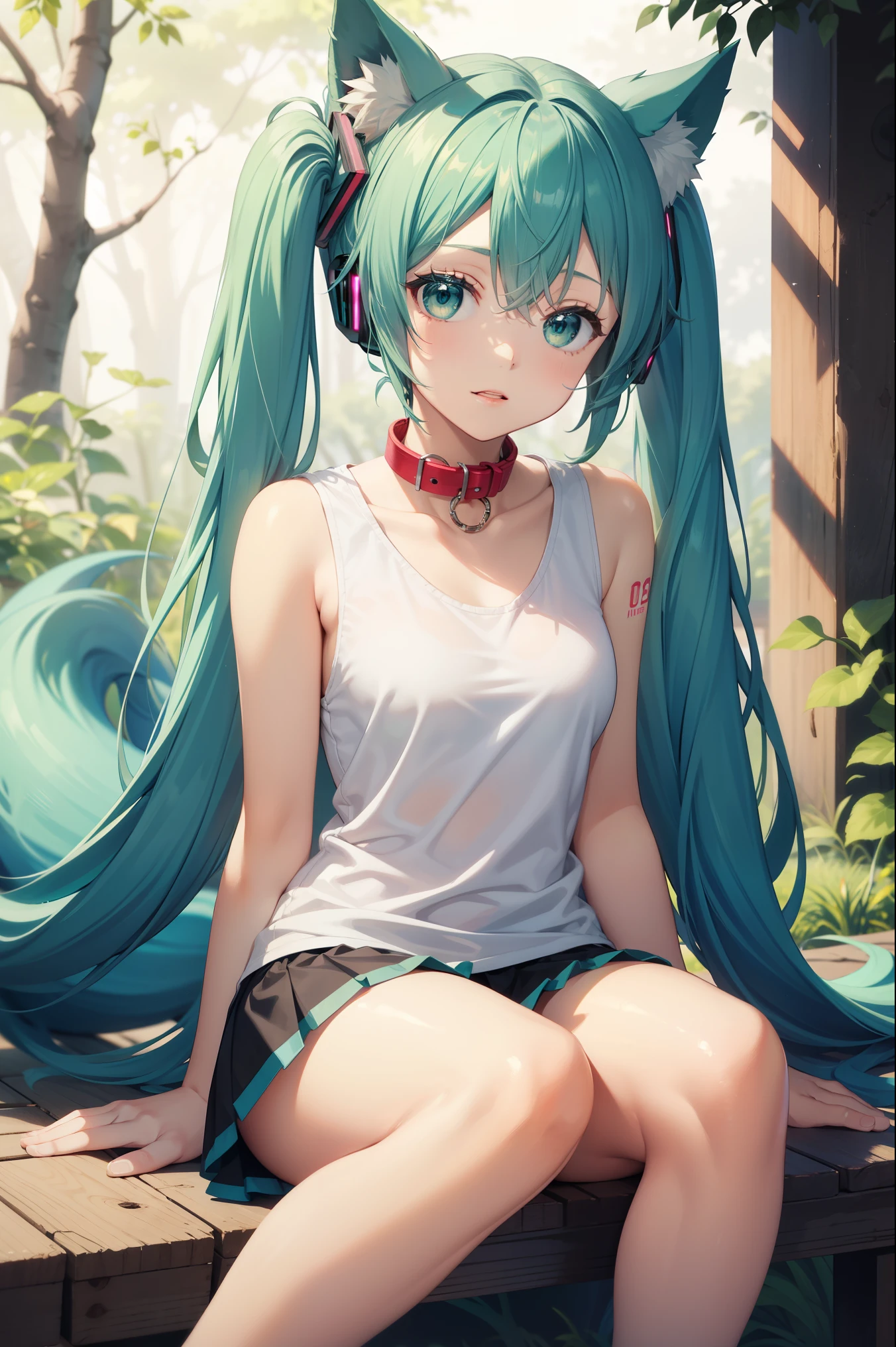 Hatsune Miku, fox ears, fox tail, forest, green hair, green eyes, vocaloid, girl in need, collar, white shirt, t-shirt, blue short, sleeveless, looking at viewer, sitting,