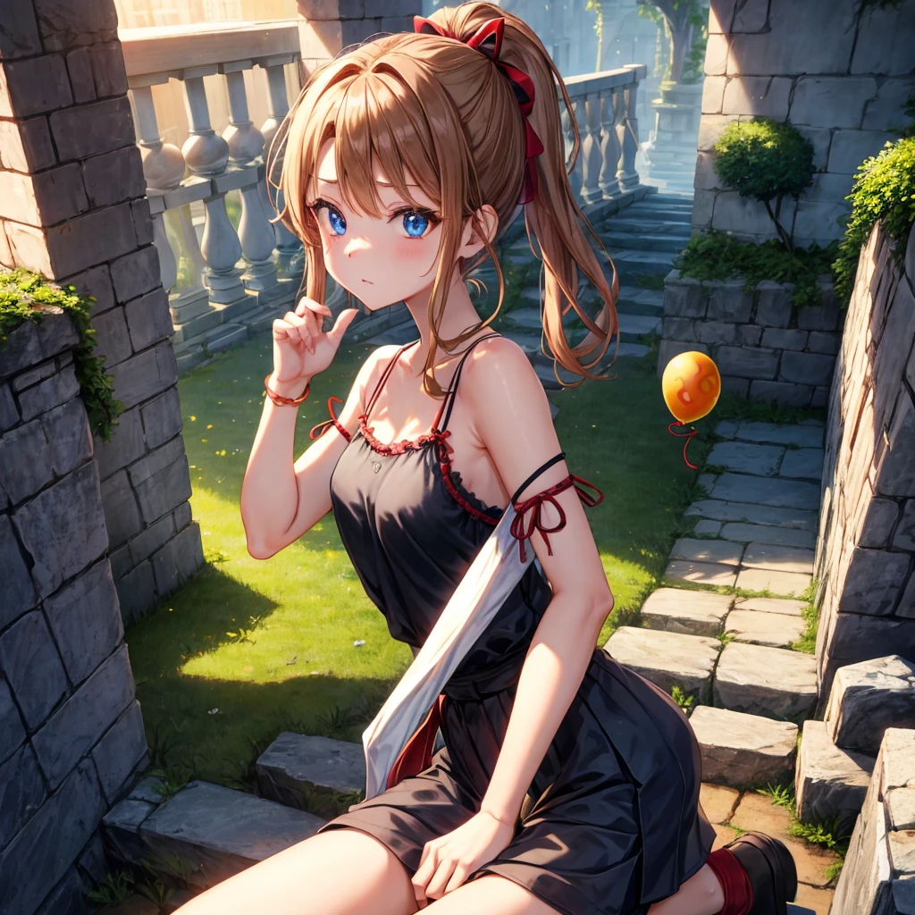 reddish-brown blonde、blue hair、blue eyes、ponytail、Braid、one good looking girl、solo、anime、lattice柄のミニスカート、camisole、black t-shirt、Tilting your face、Doing the ribbon、Ribbon at waist、sunset sky、stone stairs、tunnel、Fallen leaves、Wearing sunglasses、Burning、Light and shadow、maze、balloon、monster castle、lanthanum、corridor、Black socks、mossy stone、One leg is raised、lattice