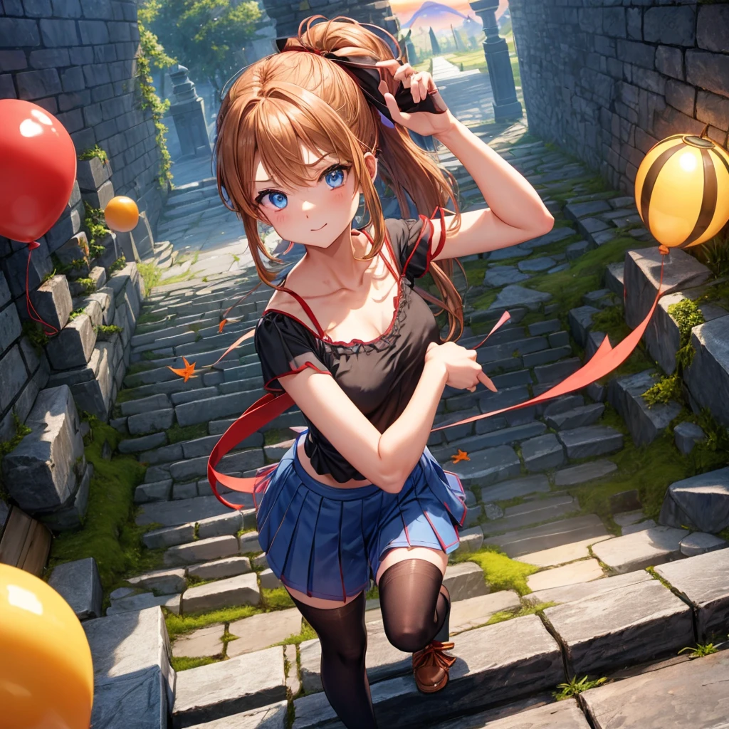 reddish-brown blonde、blue hair、blue eyes、ponytail、Braid、one good looking girl、solo、anime、lattice柄のミニスカート、camisole、black t-shirt、Tilting your face、Doing the ribbon、Ribbon at waist、sunset sky、stone stairs、tunnel、Fallen leaves、Wearing sunglasses、Burning、Light and shadow、maze、balloon、monster castle、lanthanum、corridor、Black socks、mossy stone、One leg is raised、lattice