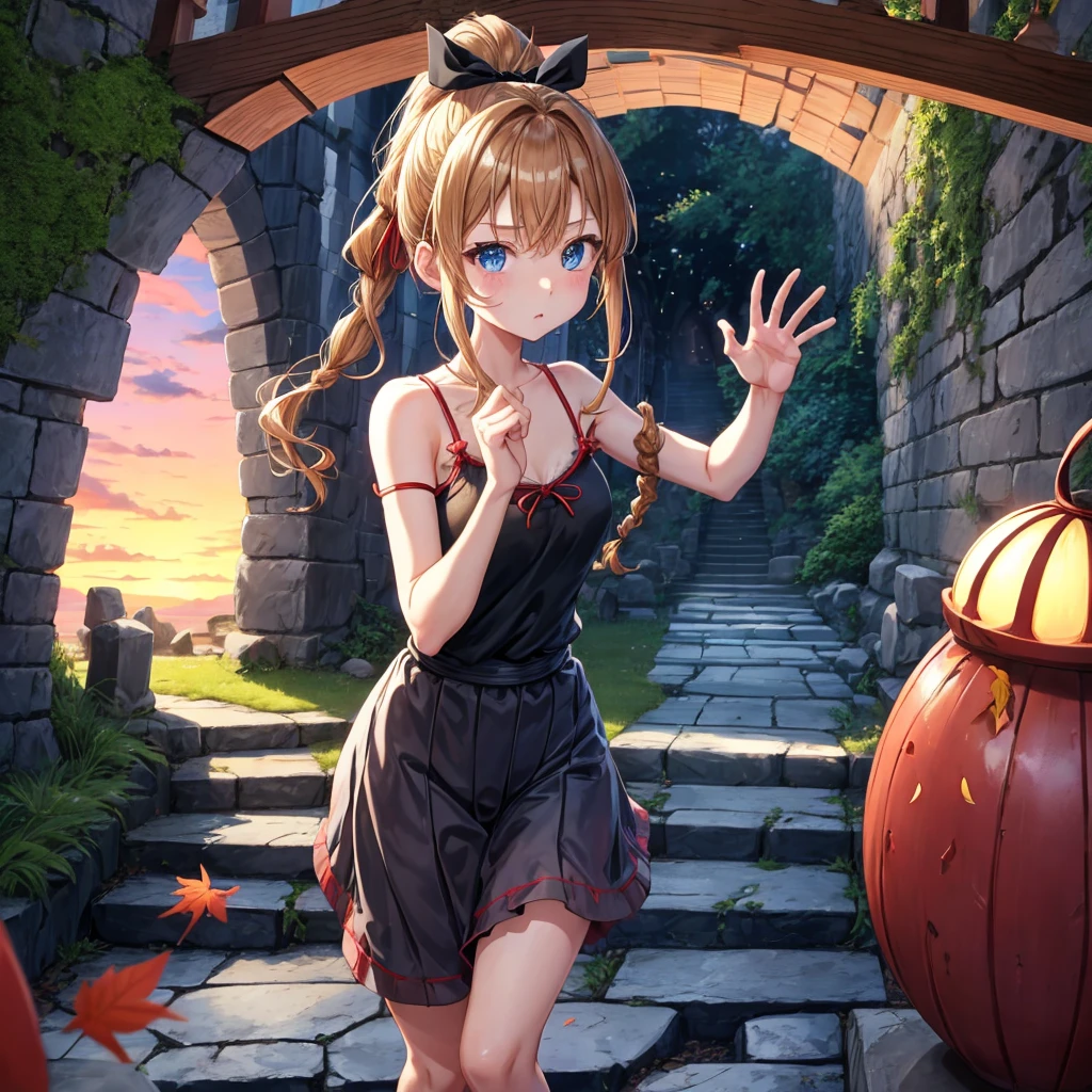 reddish-brown blonde、blue hair、blue eyes、ponytail、Braid、one good looking girl、solo、anime、lattice柄のミニスカート、camisole、black t-shirt、Tilting your face、Doing the ribbon、Ribbon at waist、sunset sky、stone stairs、tunnel、Fallen leaves、Wearing sunglasses、Burning、Light and shadow、maze、balloon、monster castle、lanthanum、corridor、Black socks、mossy stone、One leg is raised、lattice