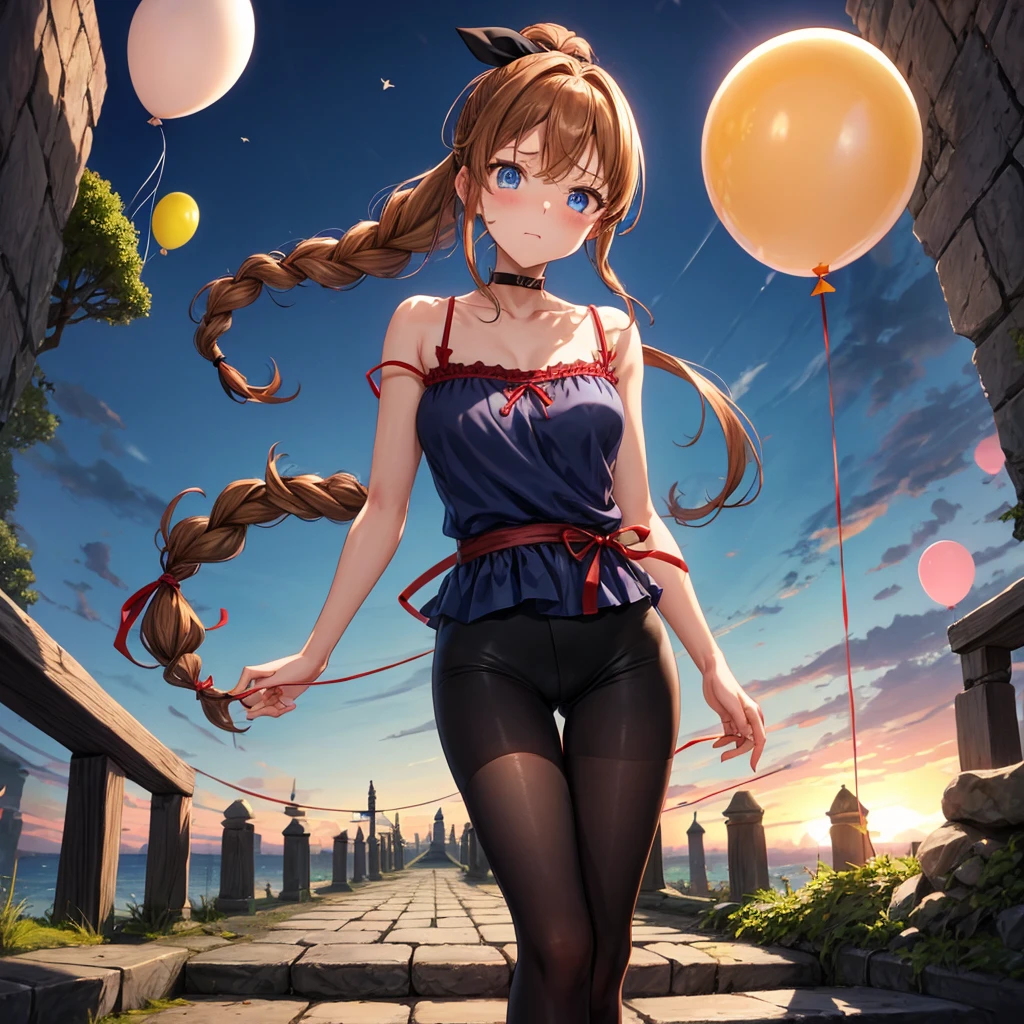 reddish-brown blonde、blue hair、blue eyes、ponytail、Braid、one good looking girl、solo、anime、lattice柄のミニスカート、camisole、black t-shirt、Tilting your face、Doing the ribbon、Ribbon at waist、sunset sky、stone stairs、tunnel、Fallen leaves、Wearing sunglasses、Burning、Light and shadow、maze、balloon、monster castle、lanthanum、corridor、Black socks、mossy stone、One leg is raised、lattice