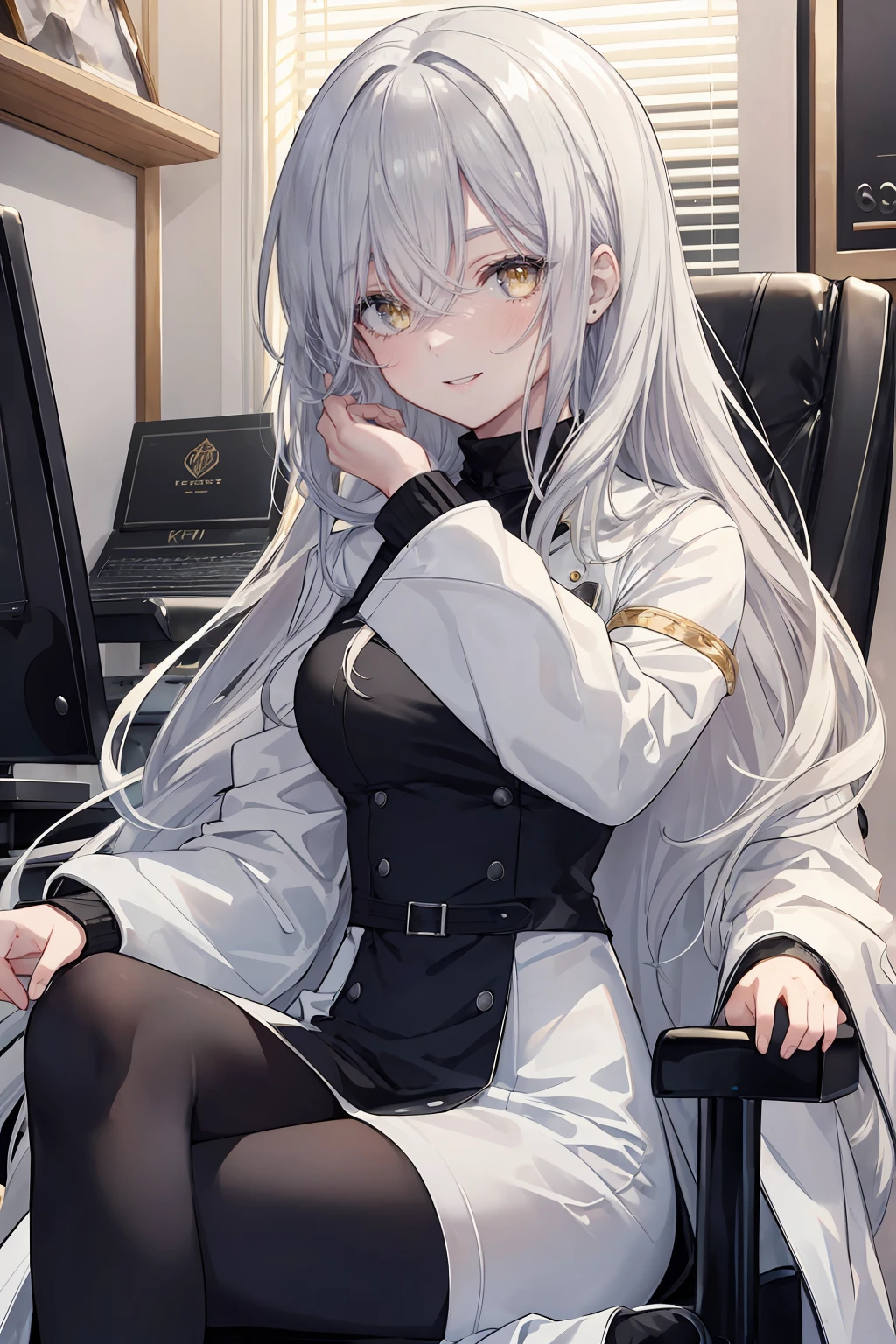 ((8Kmasterpiece,highest quality)), ultra high resolution, (masterpiece: 1.4), hyper detail, (((1 girl))),beautiful and delicate eyes,(yellow eyes),Big eyes,shining eyes of light,Thin and long eyelashes,detailed light,beautiful face,((silver hair)),((long hair)),(white suit),Black high-cut boots,black tights,DTM,PC,(Composing music),keyboard,(guitar),(Gaming Room),sitting cross-legged on a gaming chair,fearless smile,(please open your mouth wide),looking at the viewer, slender body,very big 