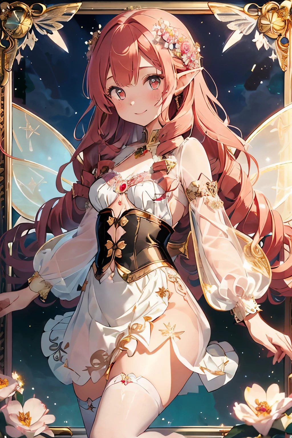 (light red hair:1.2),(long hair with curls:1.3),(drill curl hair:1.25),(Jade-colored eyes:1.4),(Eye size:1.5),(Accessories with flower motifs:1.3),(One piece made of smooth material:1.3),(sheer sleeve:1.35),(White corset:1.25),(asymmetric hem skirt:1.4),(Fluffy skirt:1.35),(gladiator shoes:1.25),(Background full of blooming flowers:1.5),(blush),(cute smile:1.3),(small breasts:1.6),(close up of face:1.25),(elf ears:1.2),(transparent wings like a fairy:1.4),(Night sky with extra large full moon:1.25),(gold luxury frame:1.6),