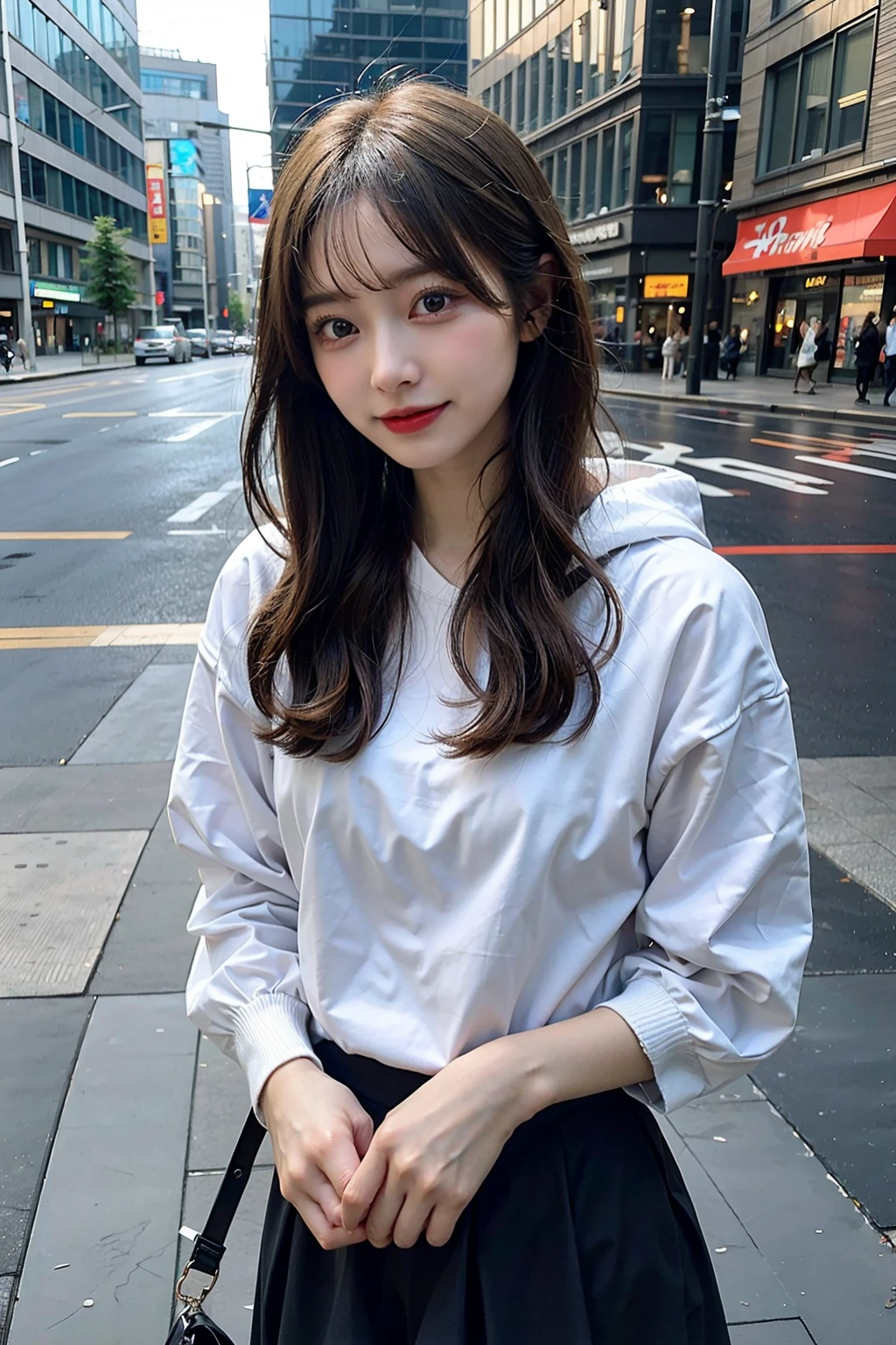 ((Best picture quality, 8K, tmasterpiece: 1.3)), self-shot, Sharp focus: 1.2, A cute beauty with a perfect figure: 1.4, Slim big breasts, ((Brown hair black)) , (Small flesh-colored dress,Highly detailed face,Happy expression,standing on your feet:1.2),((A city with blue skies and white clouds,At the cafe:1.3. Produced with a major focus on women)),Highly detailed facial and skin texture,Detailed eyes,double eyelid