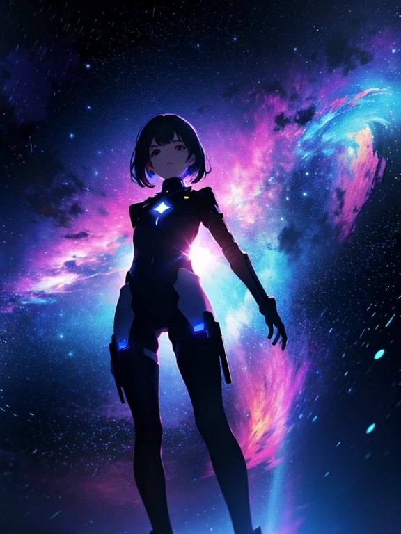 Girl, cloud, colorful, masterpiece, galaxy background、(girl silhouette)、cyber-body suit,from below,walking