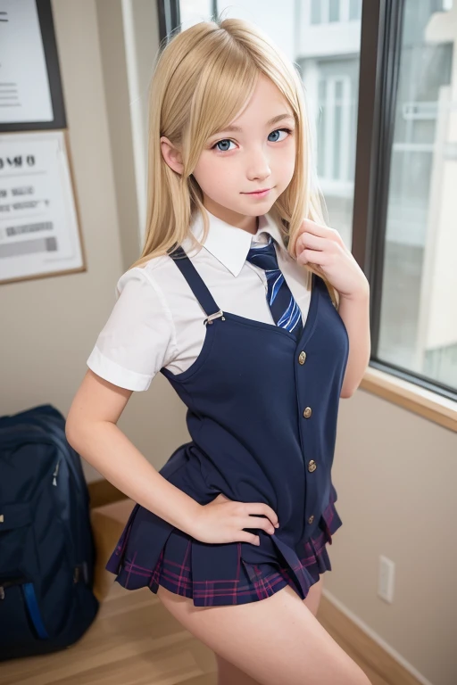 Browsing Caution、8k,highest quality, masterpiece, Very detailed, Ultra-high resolution, Realistic, RAW Photos, , Absolute Resolution, Complete limbs、Complete Anatomy、Perfect beautiful skin、pretty girl1人,Cute girl  、Lolita Girl、(smile:1.1)、、(School Uniform:1.1)、(Short sleeve white collar shirt:1.1)、bow  tie 、、(Tartan check micro mini skirt:1.1)、、(Cleavage:0.7)、Plump thighs、belly button、(blonde:1.2)、、、pretty girl、 , Realistic young gravure idol, Japanese Girls、、alone、bed、Lying on your back、