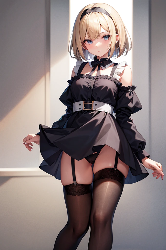 [(masterpiece: 1.1, highest quality: 1.1), uniformを着た恥ずかしがり屋の女子高生, emphasize, , Sheer,uniform,Black ribbon on chest,Blue miniskirt,swollen chest,Black Bob Cut,black knee high socks,garter belt,blonde bob cut