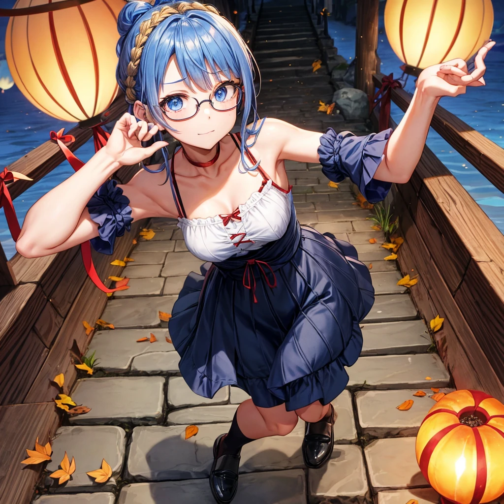 reddish-brown blonde、blue hair、blue eyes、ponytail、Braid、one good looking girl、solo、anime、lattice柄のミニスカート、camisole、black t-shirt、Tilting your face、Doing the ribbon、Ribbon at waist、sunset sky、stone stairs、tunnel、Fallen leaves、wearing glasses、Burning、Light and shadow、maze、balloon、monster castle、lanthanum、corridor、Black socks、mossy stone、One leg is raised、lattice、pinwheel、thunderbolt