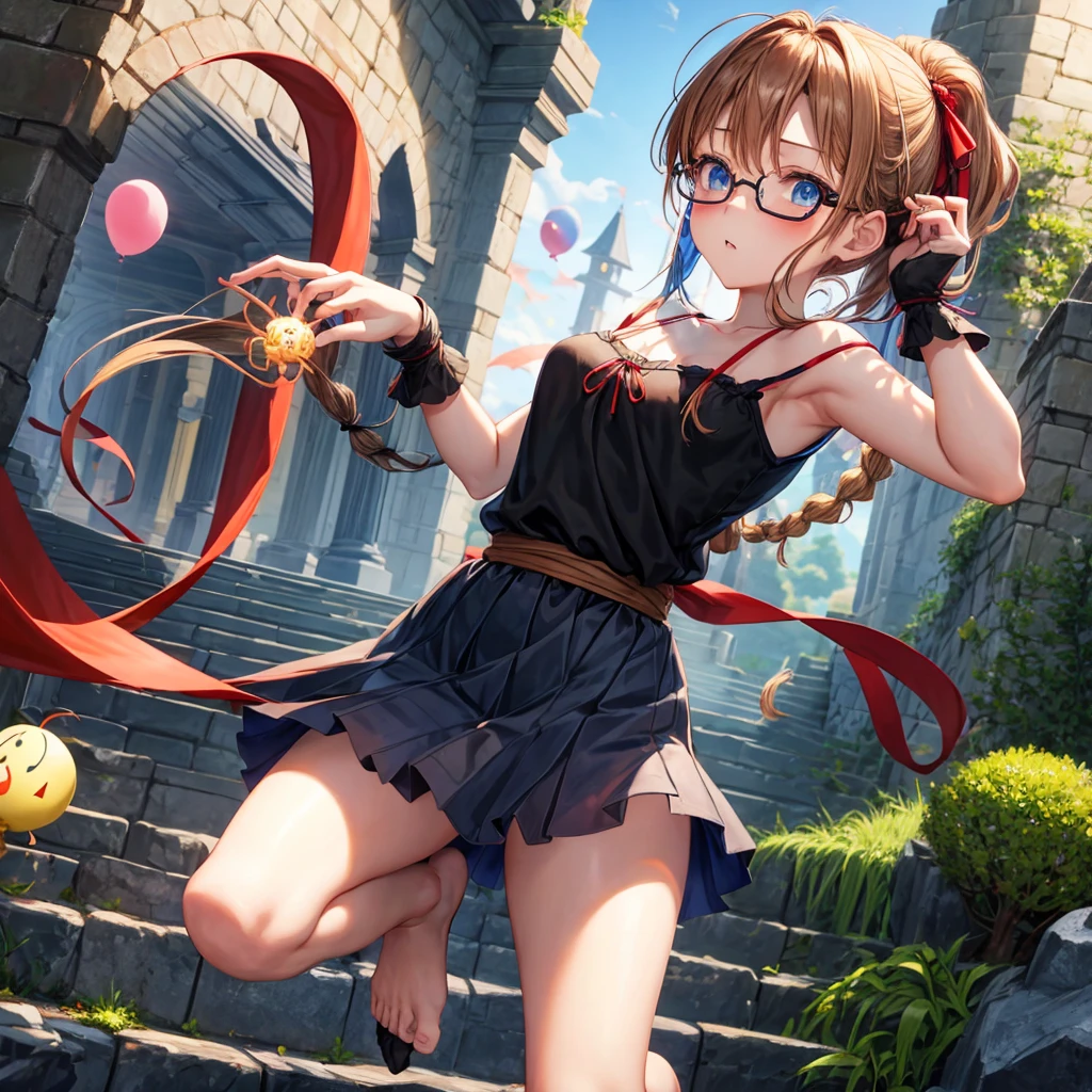 reddish-brown blonde、blue hair、blue eyes、Braid、one good looking girl、solo、anime、lattice柄のミニスカート、camisole、black t-shirt、Tilting your face、Doing the ribbon、Ribbon at waist、sunset sky、stone stairs、tunnel、Fallen leaves、wearing glasses、Burning、Light and shadow、maze、balloon、monster castle、lanthanum、corridor、Black socks、mossy stone、One leg is raised、lattice