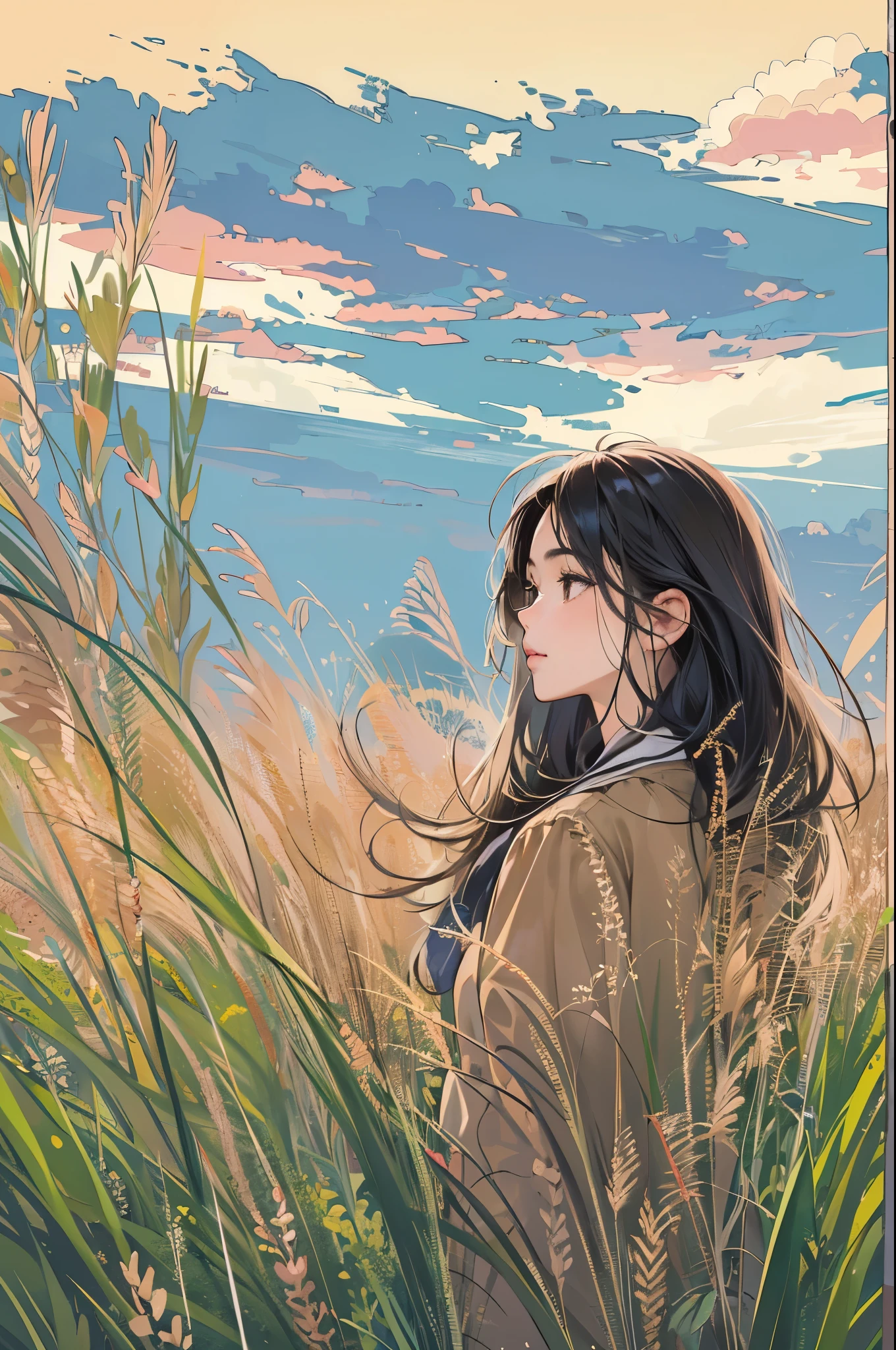 Anime girl in a field of grass looking at the sky - SeaArt AI