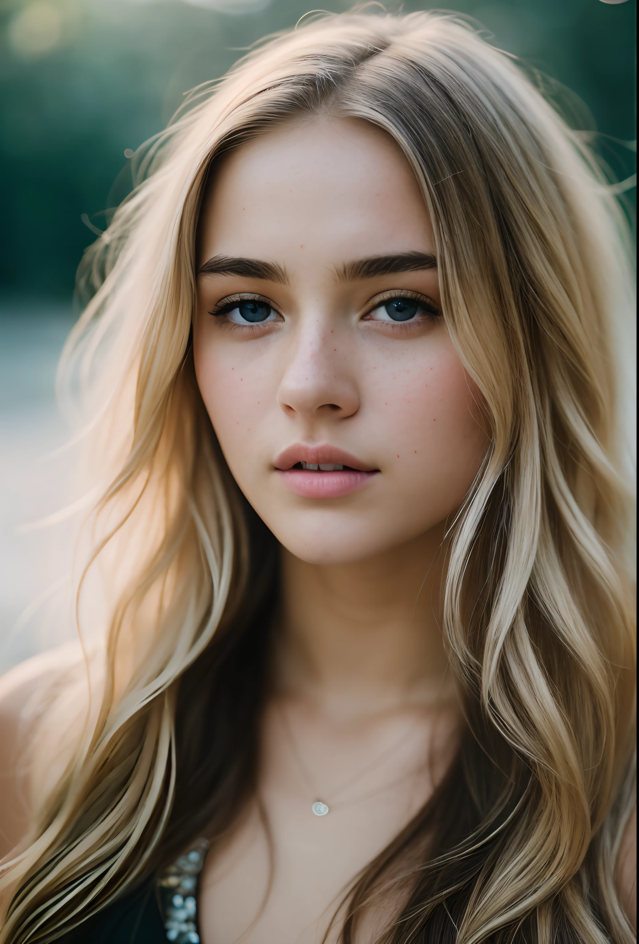 At night, RAW photo, (((extremely beautiful portrait))), ((glistening skin)), 1girl, 18 years old girl, ((natural blonde hair)), [blue eyes], long hair, eyeliner, fluttering hair, vibrance, ((masterpiece, best quality, hyper detailed, Cinematic light, intricate details, highres, 8k, extremely detailed)), detailed background, 8k uhd, dslr, soft lighting, high quality, film grain, Fujifilm XT3, shallow depth of field, natural light, (perfect hands), perfect face