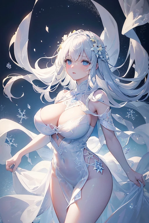 (Paradise in Heaven), White lighting,(muste piece), (best quality), (cinematic), 8K, (art station),(長いwhite hairとSilvery eyesを持つ1人の女), (beautiful delicate face)、[Frozen trees々], [landscape crystal], [lighting], [Ethereal Atmosphere:1.1], [fantasy, short story] ,[soft なlighting] 、(+cinematic shot:1.2)、 [+art station] 、[+luminous white background] 、 [soft glow] 、(Creative and dynamic angles:1.3), [+Crystal Toning] 、muste piece, very detailed, Super detailed, solo, (pale skin), Silvery eyes, white hair, (snow background), (snowflake rosen flower:1.0), (shining crystal), (Snowy ground), (White lashes), sexy woman、dreamy and detailed, Gorgeous setting, 妖しい雰囲気 muste piece, The most beautiful scenes, majestic、(((full of white flowers)))、quiet and serene atmosphere、attractive, all white tones,Inside the crystal library,Transparent flowers and falling snow，Many white roses are planted,(water flowing,waterfall,water bloom),The decoration is also carefully done.,dream（very detailedです，creative design，crisp and precise lines，K HD，best quality，master piece，超High resolution，In 4K）、Diverse poses、((beautiful white flower hair ornament))、beautiful hairstyle、(best quality, In 4K, 8K, High resolution, muste piece:1.2), Super detailed, detailed expression, graceful posture, expressive brush strokes, mysterious atmosphere, artistic interpretation,Delicate floral jewelry， (((Detailed design、Beautiful transparent dress made of thin fabric、Sheer mini dress that shows off your skin)))、(SFW:1.5), (oversized breasts, best body proportions, proportions of large breasts,:1.5)