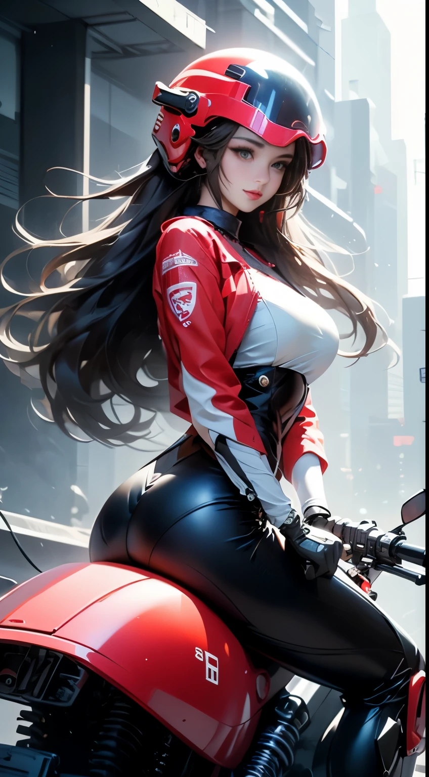 Highest image quality, outstanding detail, ultra-high resolution, (fidelity: 1.4), best illustration, favor details, highly condensed 1girl, with a delicate and beautiful face, dressed in black and red mecha, wearing a mecha helmet, holding a direction controller, riding on a motorcycle, the background is a high-tech lighting scene of the future city.