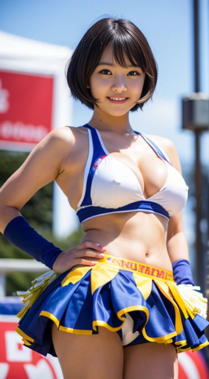 Best Quality, master piece, ultra high resolution, (Photorealsitic:1.4), Raw photo, Extremely-Details, Perfect-Anatomy, 1girl, , the most popular Japanese idol, wearing colorful-cheerleader-costume with cute design, dancing on school festival outdoor stage, cowboy-shot, acrobatic pose, extremely cute face like a most famous Japanese idol, extremely beautiful big black solid circle eyes, extremely beautiful black short-cut-haired, innocent smile, extremely beautiful realistic skins, extremely beautiful thighs, detailed cute face, detailed beautiful big black solid circle eyes, detailed beautiful short-cut-haired, detailed beautiful realistic skins, detailed colorful-cheerleader-costume with cute design, detailed beautiful thighs,((open the colorful-cheerleader-costume wide and show nipples:1.4)), ((very big breasts:1.6)),((beautiful round areola:1.3)),