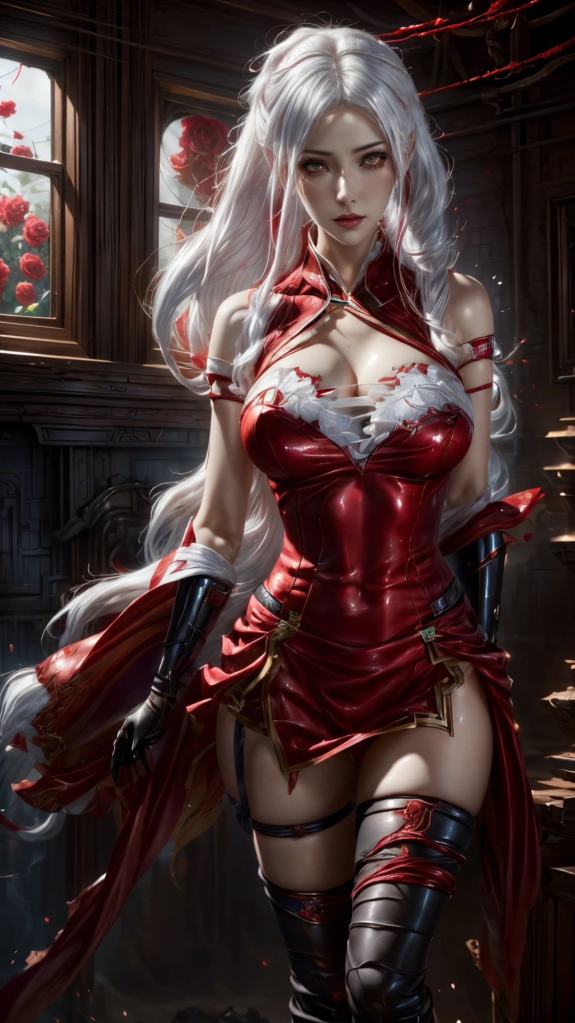 a close up of woman red dress and white hair with rose bandana , official splash art, katarina, splash art, extremely detailed artgerm, iconic character splash art, astri lohne, samira from league of legends, style artgerm, kda, ig model | artgerm, irelia, ashe, artgerm lau, wild rift