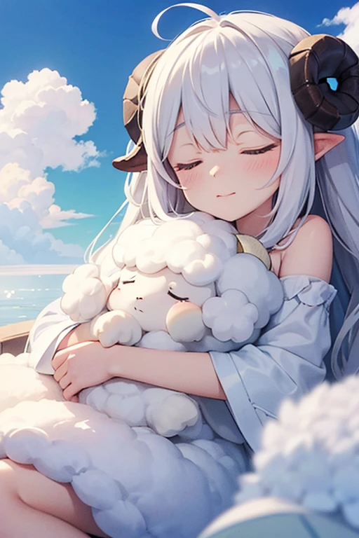 Illustration of a sleepy sheep peacefully dozing off on a fluffy white cloud, surrounded by a serene blue sky. The sheep's eyes are gently closed as it rests in a contented and tranquil manner, with a soft smile on its face