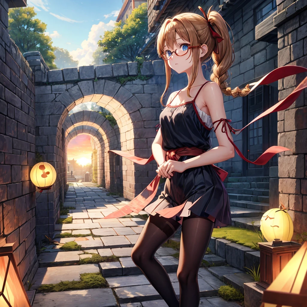 reddish-brown blonde、blue hair、blue eyes、ponytail、Braid、one good looking girl、solo、anime、lattice柄のミニスカート、camisole、black t-shirt、Tilting your face、Doing the ribbon、Ribbon at waist、sunset sky、stone stairs、tunnel、Fallen leaves、wearing glasses、Burning、Light and shadow、maze、balloon、monster castle、lanthanum、corridor、Black socks、mossy stone、One leg is raised、lattice、pinwheel、thunderbolt