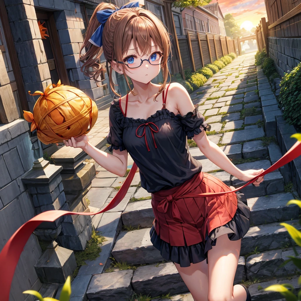 reddish-brown blonde、blue hair、blue eyes、ponytail、Braid、one good looking girl、solo、anime、lattice柄のミニスカート、camisole、black t-shirt、Tilting your face、Doing the ribbon、Ribbon at waist、sunset sky、stone stairs、tunnel、Fallen leaves、wearing glasses、Burning、Light and shadow、maze、balloon、monster castle、lanthanum、corridor、Black socks、mossy stone、One leg is raised、lattice、pinwheel、thunderbolt