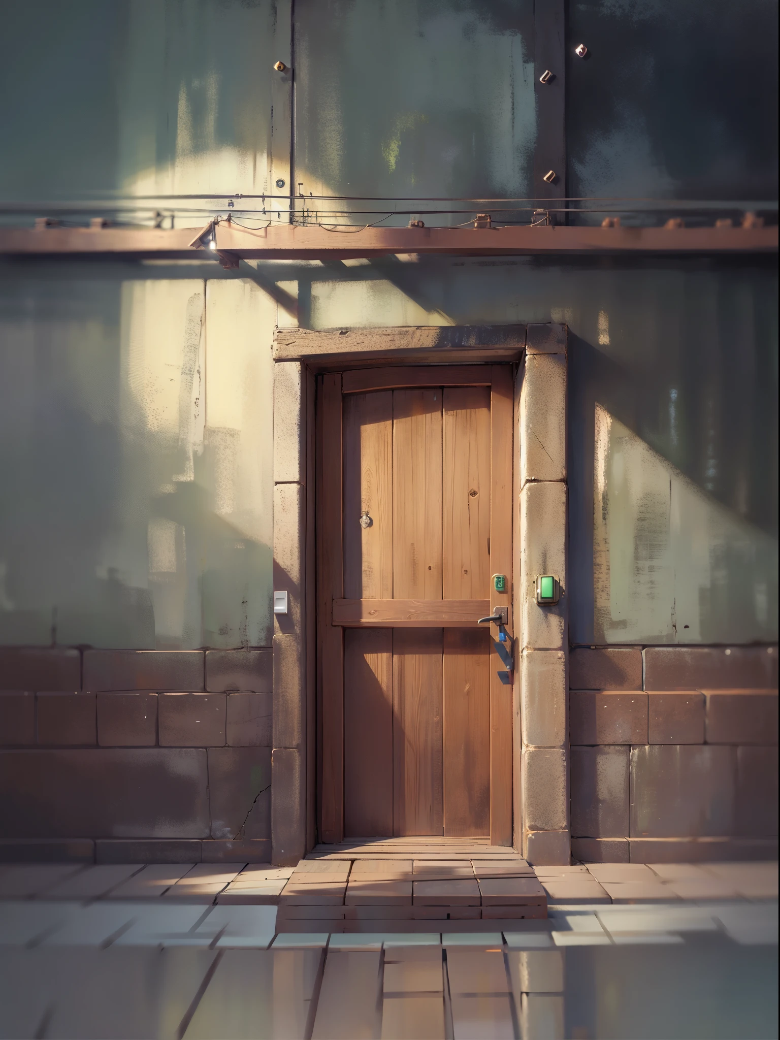 Warehouse at night、green wooden door、small electric、antique、brick warehouse