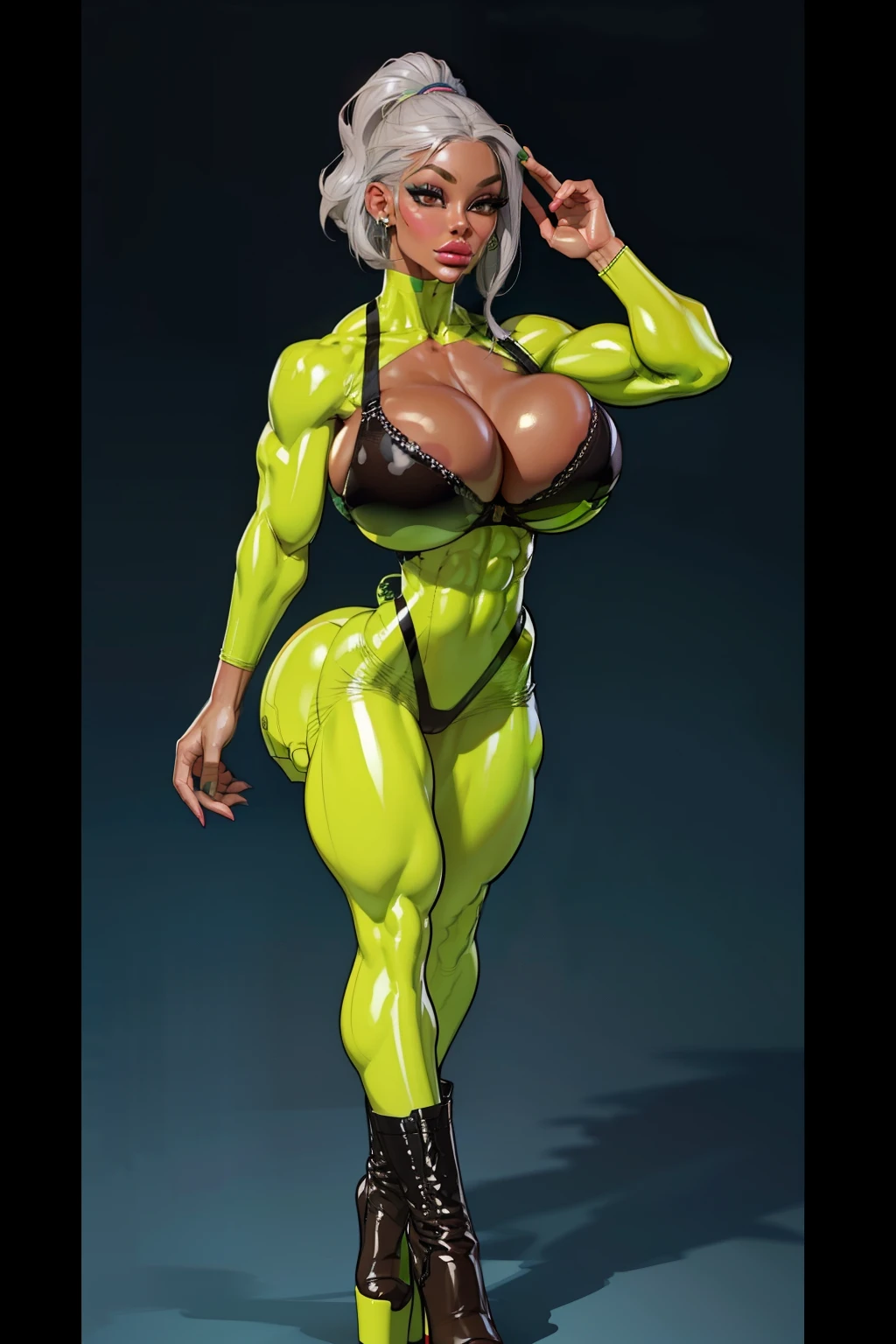  Generate an illustration of a mature Jade Cargill, ((wwe)),  silver hair , (brown skin:1.5), de terno preto, (black bra:1.3), short hair, hair combed back, (gigantic breasts:1.3), in anime format with a serious style, (neon green unitard), ((warm lighting)), black boots, gothic make up, masterpiece, ((dark lighting)), black background, (puffy lips),((slendered abs)), beautiful face,