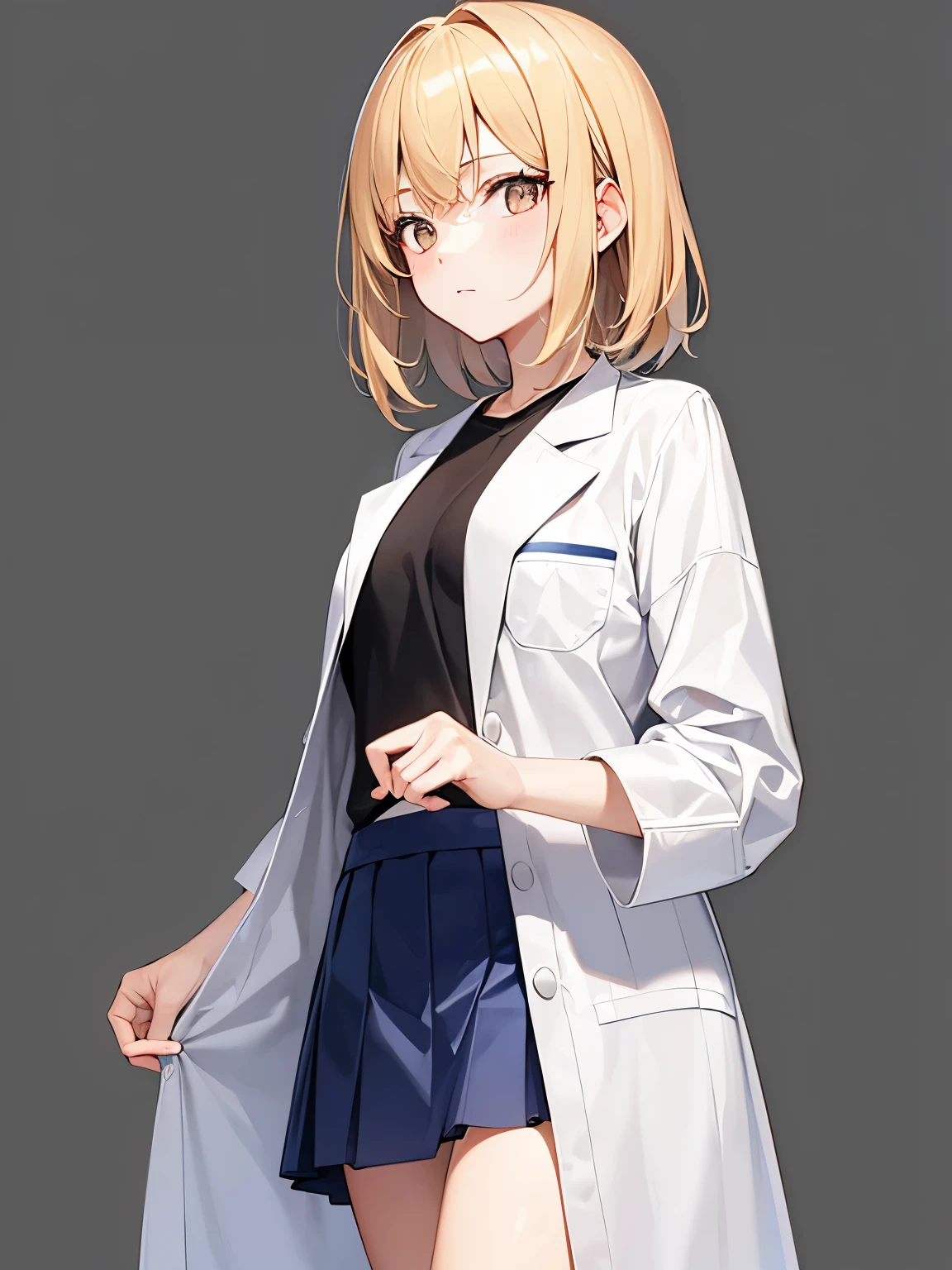 Golden Medium Hair、brown eyes、Plain gray background、Beautiful girl wearing a doctor's white coat、Cold look、wearing a black T-shirt、Tight navy blue mini skirt、