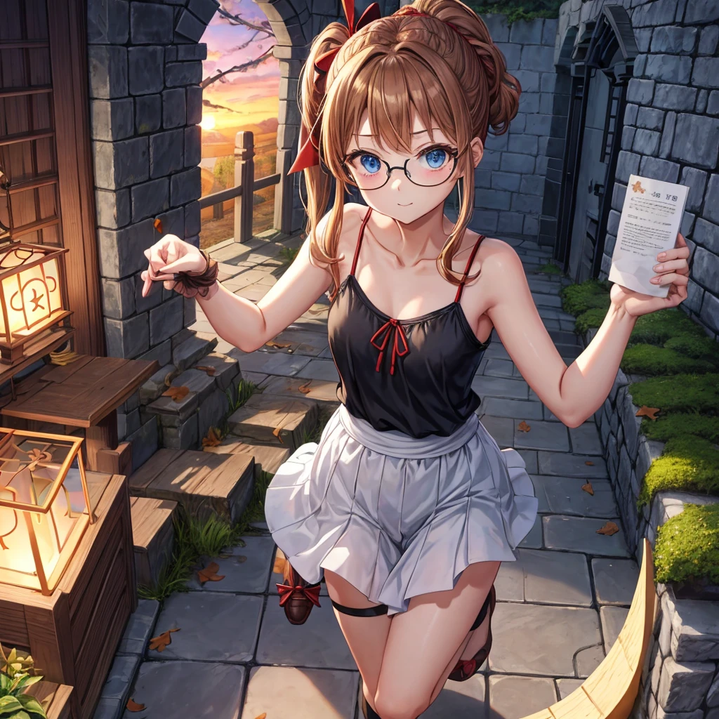 reddish-brown blonde、blue hair、blue eyes、ponytail、Braid、one good looking girl、solo、anime、lattice柄のミニスカート、camisole、black t-shirt、Tilting your face、Doing the ribbon、Ribbon at waist、sunset sky、stone stairs、tunnel、Fallen leaves、wearing glasses、Light and shadow、maze、monster castle、lanthanum、corridor、Black socks、mossy stone、One leg is raised、lattice、pinwheel、thunderbolt