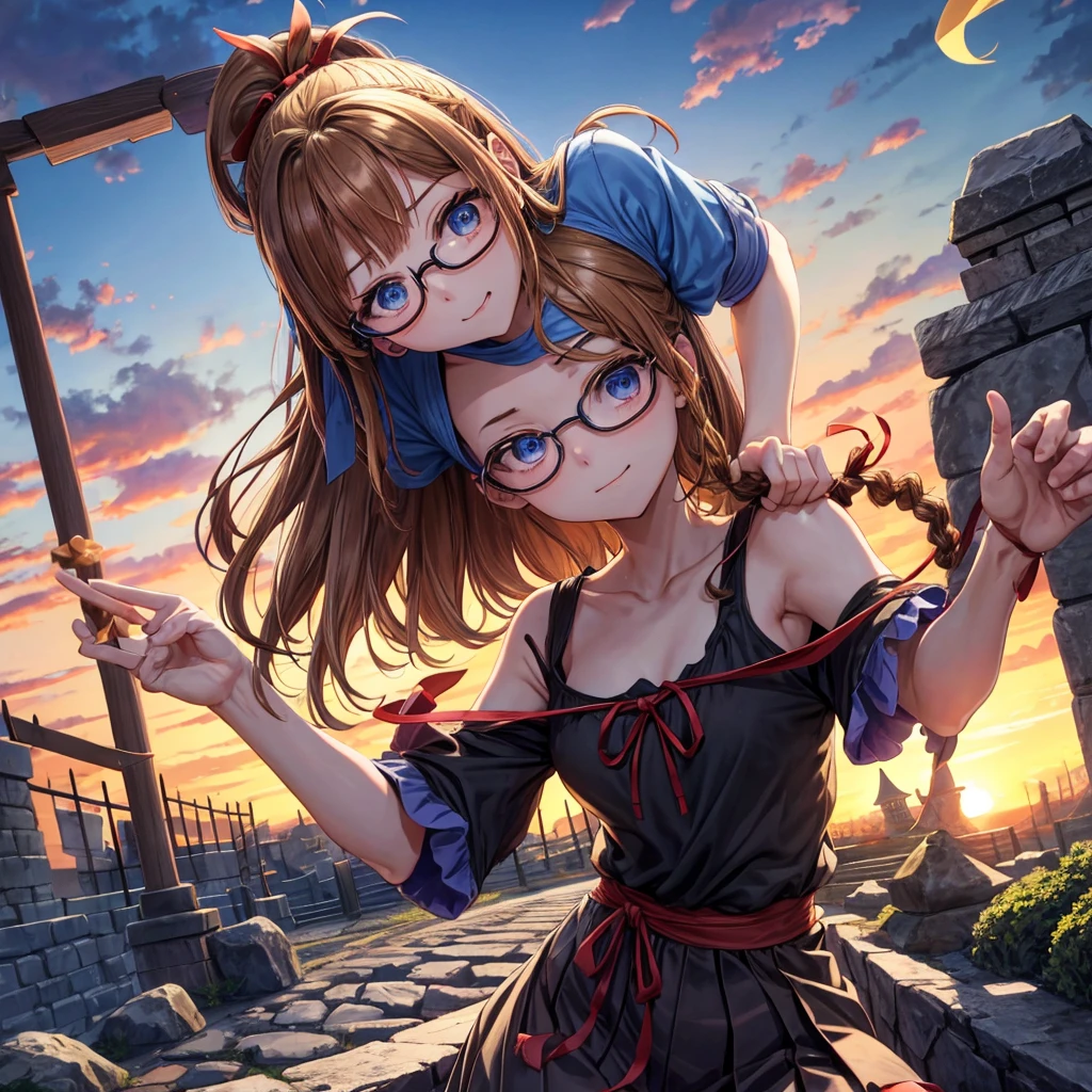 reddish-brown blonde、blue hair、blue eyes、ponytail、Braid、one good looking girl、solo、anime、lattice柄のミニスカート、camisole、black t-shirt、Tilting your face、Doing the ribbon、Ribbon at waist、sunset sky、stone stairs、tunnel、Fallen leaves、wearing glasses、Light and shadow、maze、monster castle、lanthanum、corridor、Black socks、mossy stone、One leg is raised、lattice、pinwheel、thunderbolt