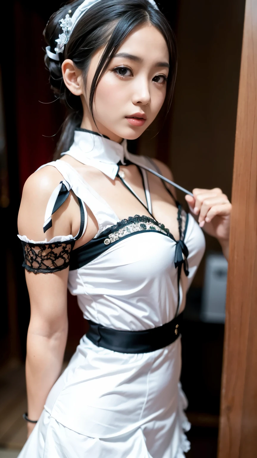 ((NSFW)), ((shaved pussy)), Realistic, ultra-high quality, 4k, Asian woman with body wearing an black and white asian maid cosplay ((maid)) and a choker with beautiful face standing a professional model pose, pain facial expression with fishnets. Beautiful breasts with pink nipples
