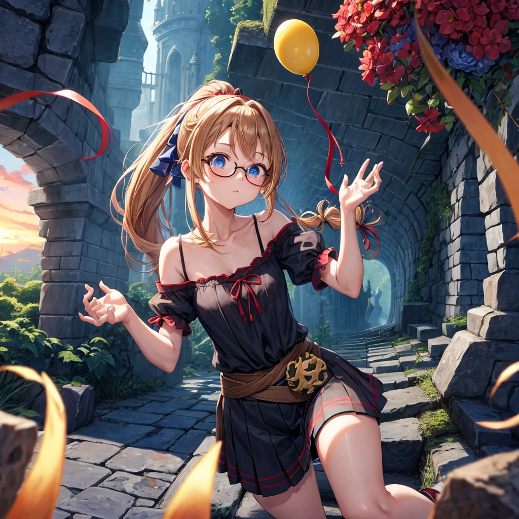 reddish-brown blonde、blue hair、blue eyes、ponytail、Braid、one good looking girl、solo、anime、lattice柄のミニスカート、camisole、black t-shirt、Tilting your face、Doing the ribbon、Ribbon at waist、sunset sky、stone stairs、tunnel、Fallen leaves、wearing glasses、Burning、Light and shadow、maze、balloon、monster castle、lanthanum、corridor、Black socks、mossy stone、One leg is raised、lattice、pinwheel、thunderbolt