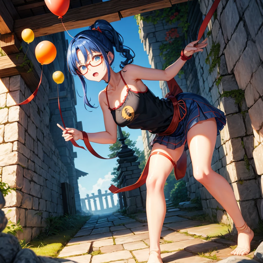 reddish-brown blonde、blue hair、blue eyes、ponytail、Braid、one good looking girl、solo、anime、lattice柄のミニスカート、camisole、black t-shirt、Tilting your face、Doing the ribbon、Ribbon at waist、sunset sky、stone stairs、tunnel、Fallen leaves、wearing glasses、Burning、Light and shadow、maze、balloon、monster castle、lanthanum、corridor、Black socks、mossy stone、One leg is raised、lattice、pinwheel、thunderbolt