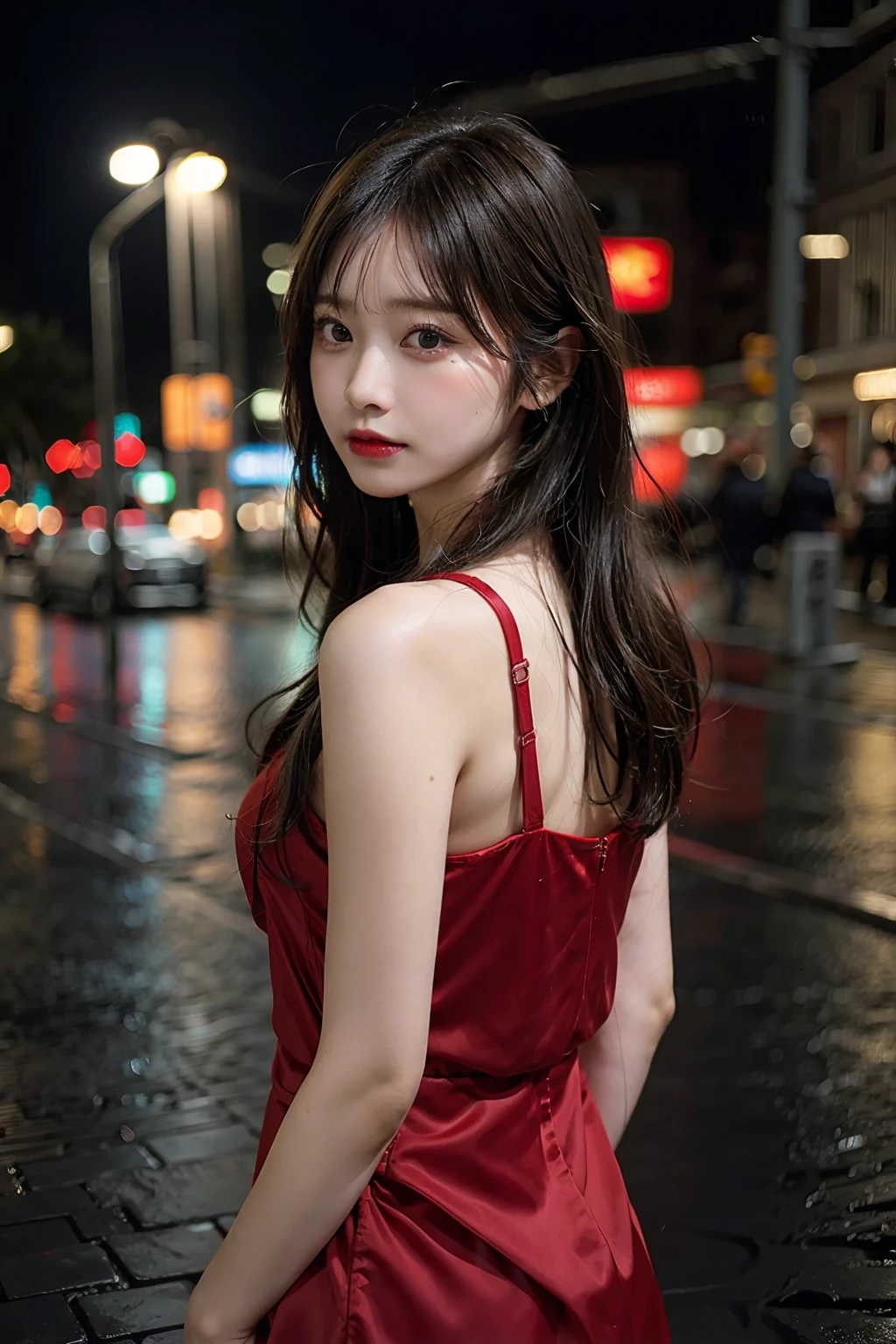1girl,solo,long hair,Rough skin,from back,face focus,(looking at viewer:1.2),wet hair,dark,polaroid,(depth_of_field:1.5),rainy days,outdoors,street,hair between eyes,moody lighting,Tyndall effect,Cinematic Lighting,night,lamppost,lens flare,available light,rim light,glowing neon lights,curvy,Red silk dress,korea girl,