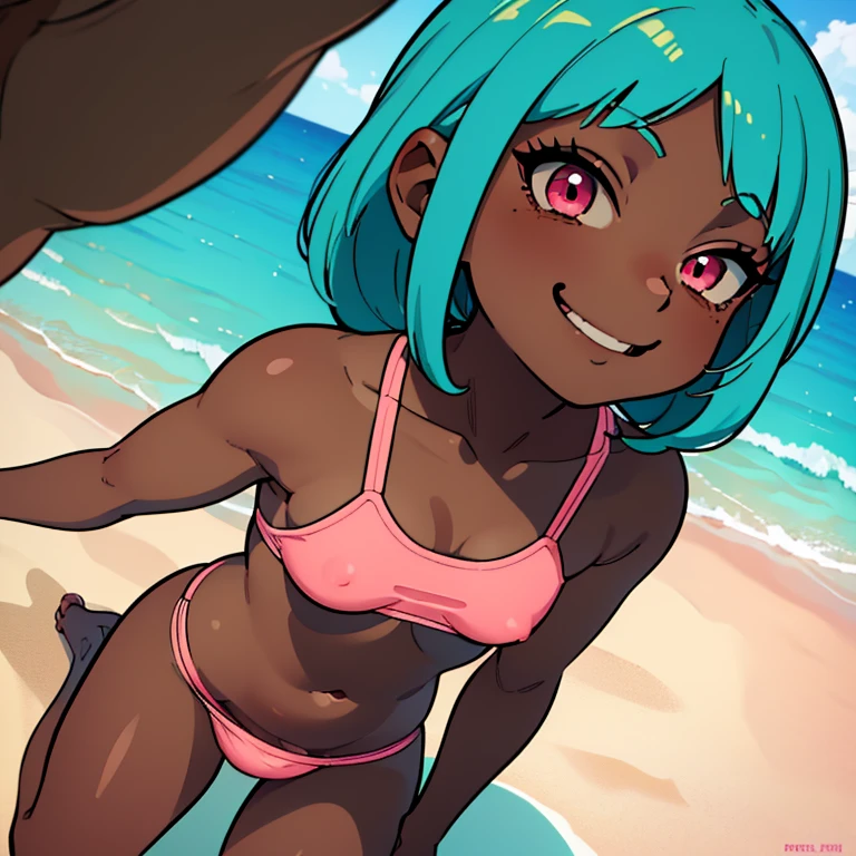 ((masterpiece)), high quality, best quality, beautiful, hd, perfect lighting, detailed face, detailed body, 1 girl, solo, full body view, wide angle, ((dark brown skin:1.3)), ((turquoise hair:1.2, pink eyes, small breasts)), cheeky smile, at the beach, wearing a swimsuit,