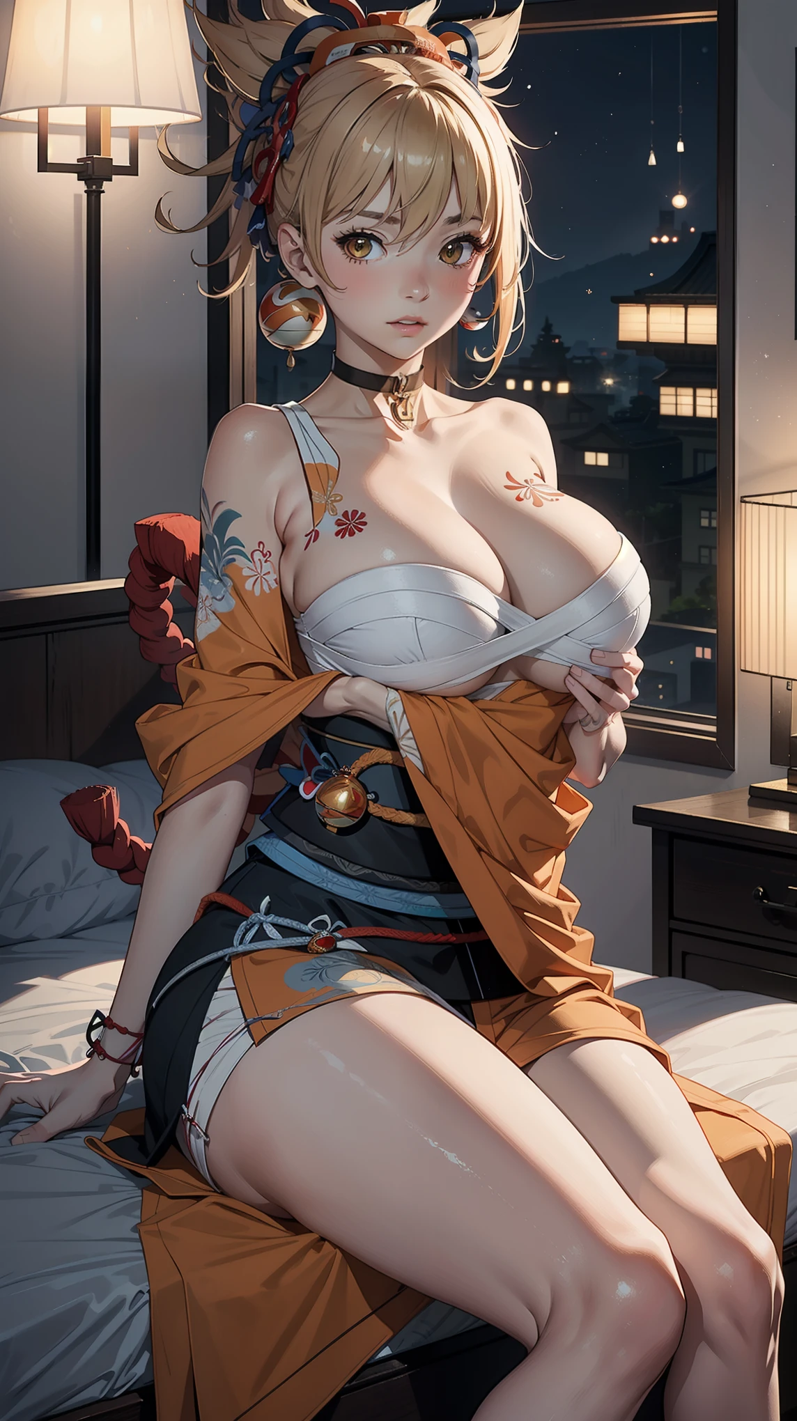 ((masterpiece)),(bestquality),((ultra-detailed)), ((yoimiyadef)), huge breast, sexy, (night),looking at viewer, sitting on bed,(blush),