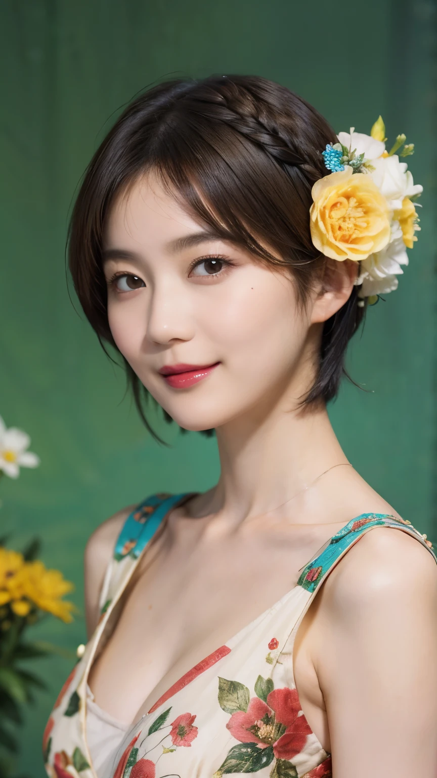 148
(20 year old woman,Floral costume), (surreal), (High resolution), ((beautiful hairstyle 46)), ((short hair:1.46)), (gentle smile), (breasted:1.1), (lipstick)
